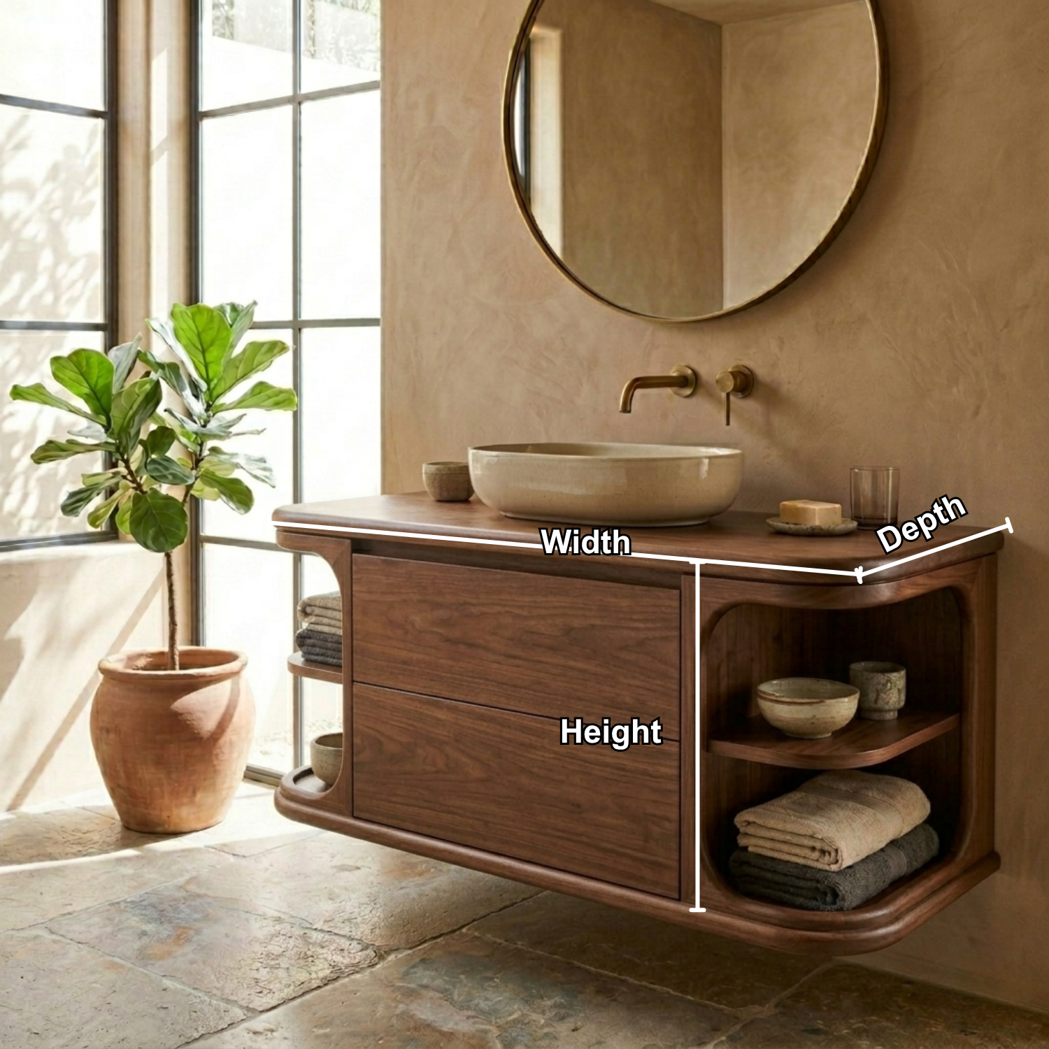 Floating Solid Wood Bathroom Vanity with Drawer Storage and Rounded Side Shelves