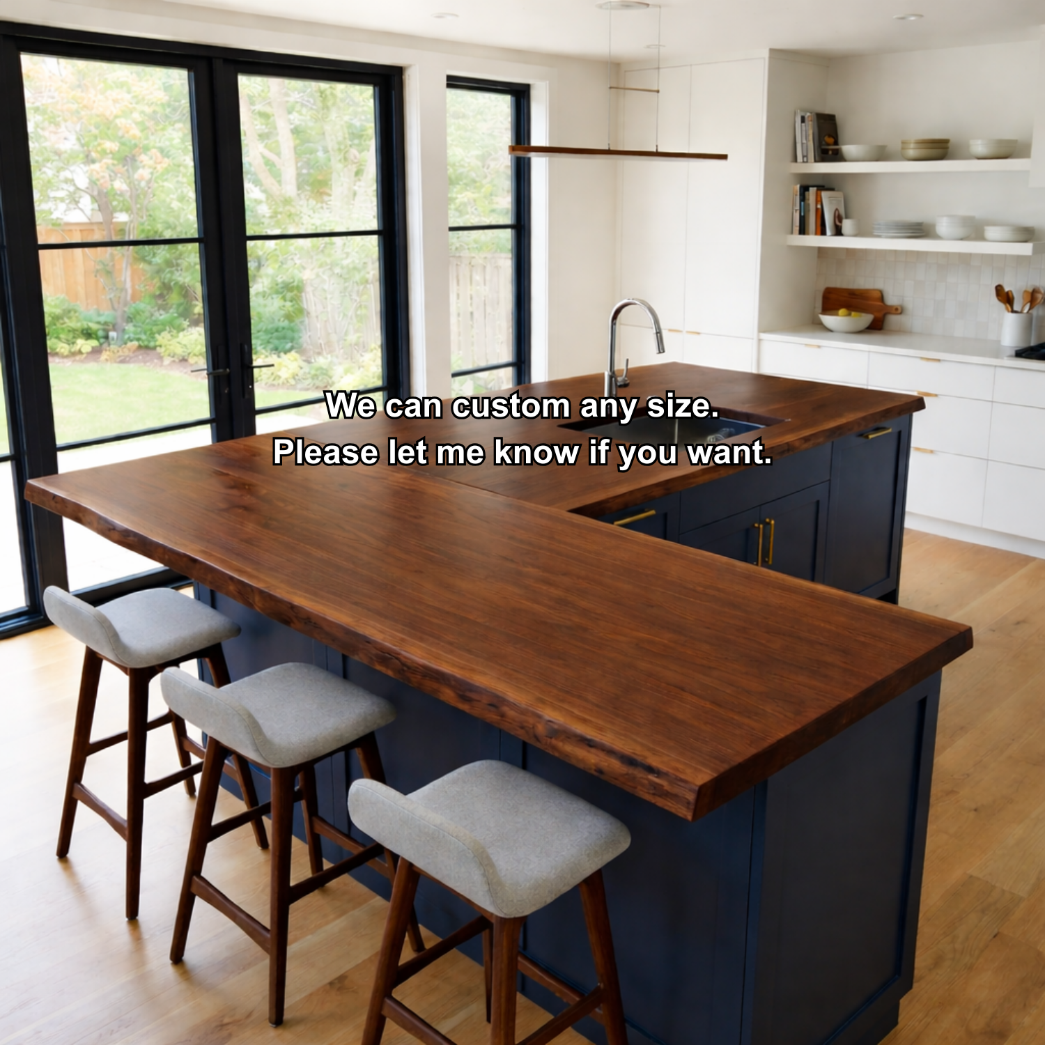 Solid Wood L-Shape Kitchen Countertop – Live Edge Island Bar Top with Seating Overhang