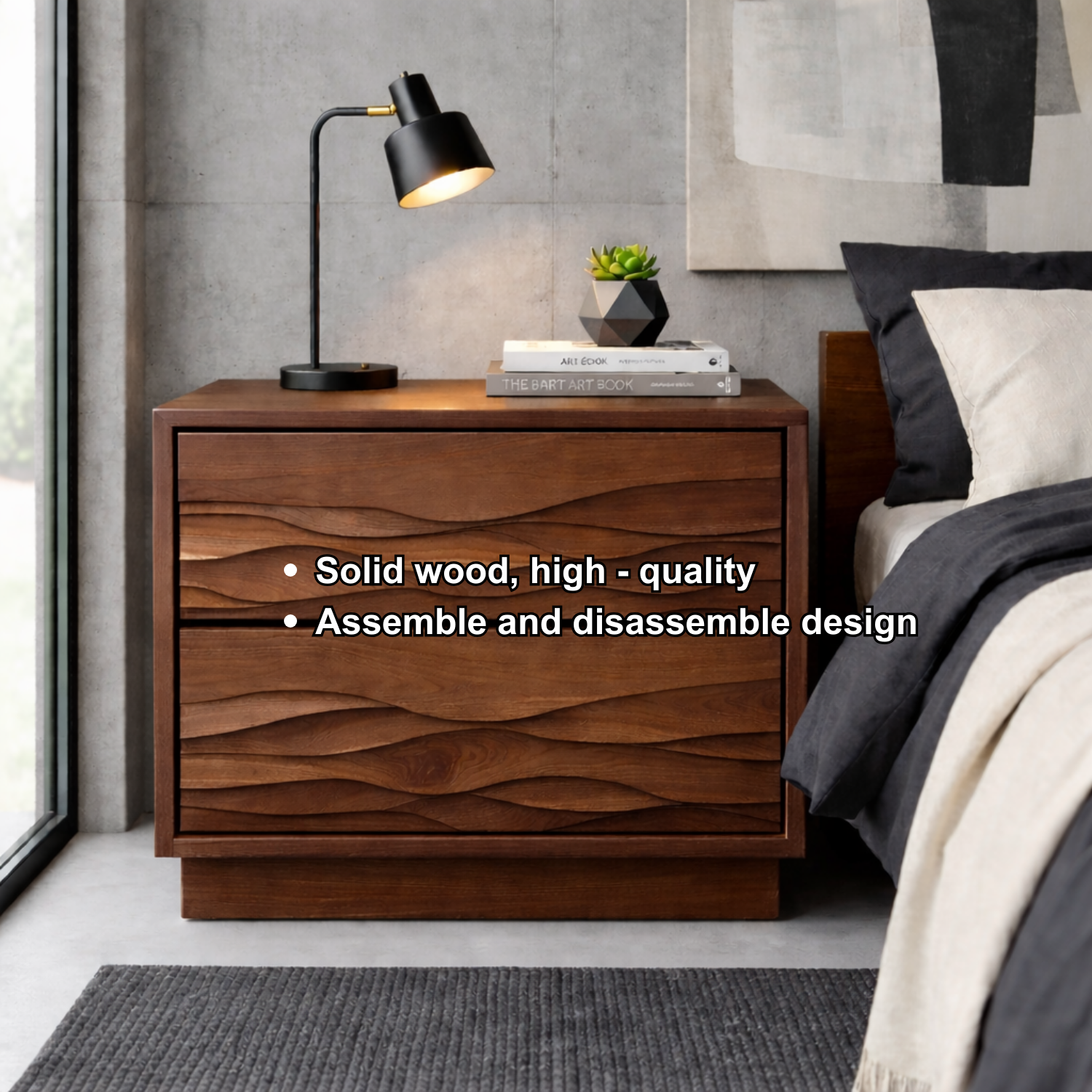 Solid Wood Nightstand with Wave Carved Drawers – Modern Rustic Bedside Table with Storage
