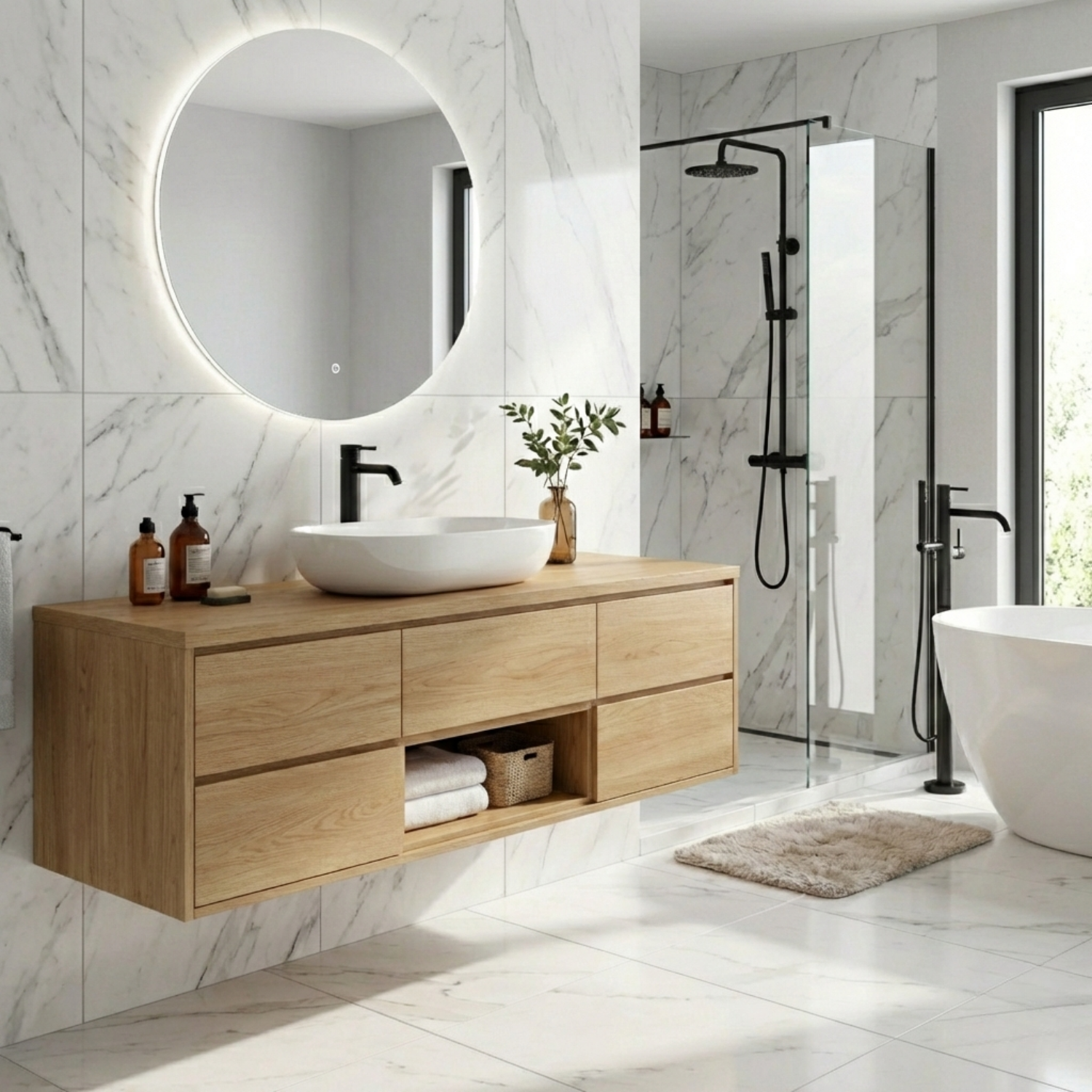 Modern Floating Solid Wood Bathroom Vanity with Drawers and Open Shelf