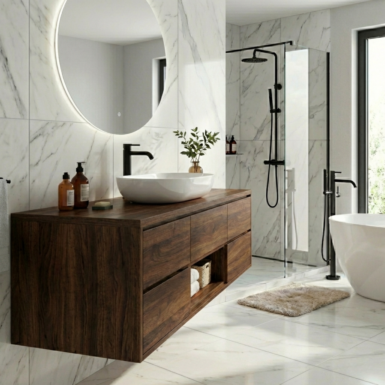 Modern Floating Solid Wood Bathroom Vanity with Drawers and Open Shelf