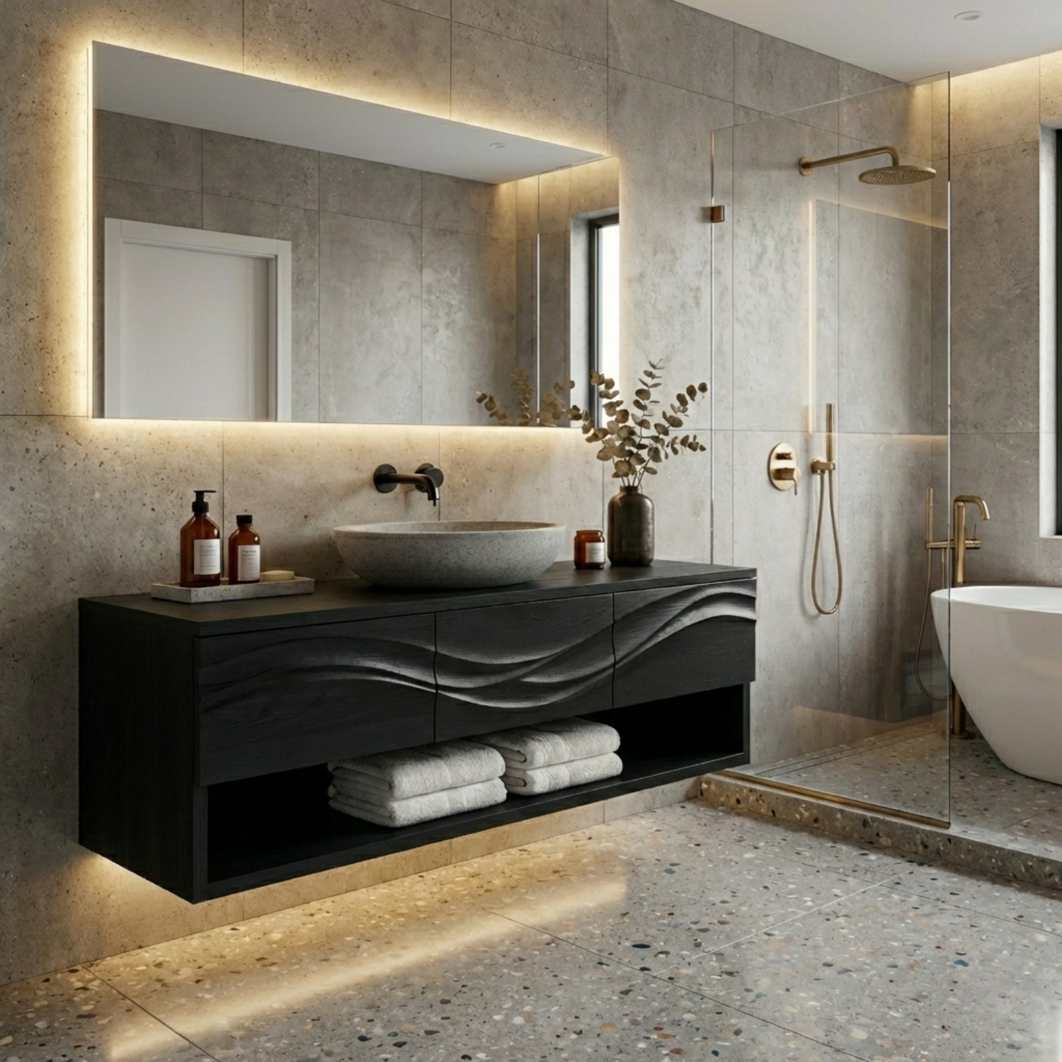 Floating Solid Wood Bathroom Vanity with Wave Design and Open Shelf Storage
