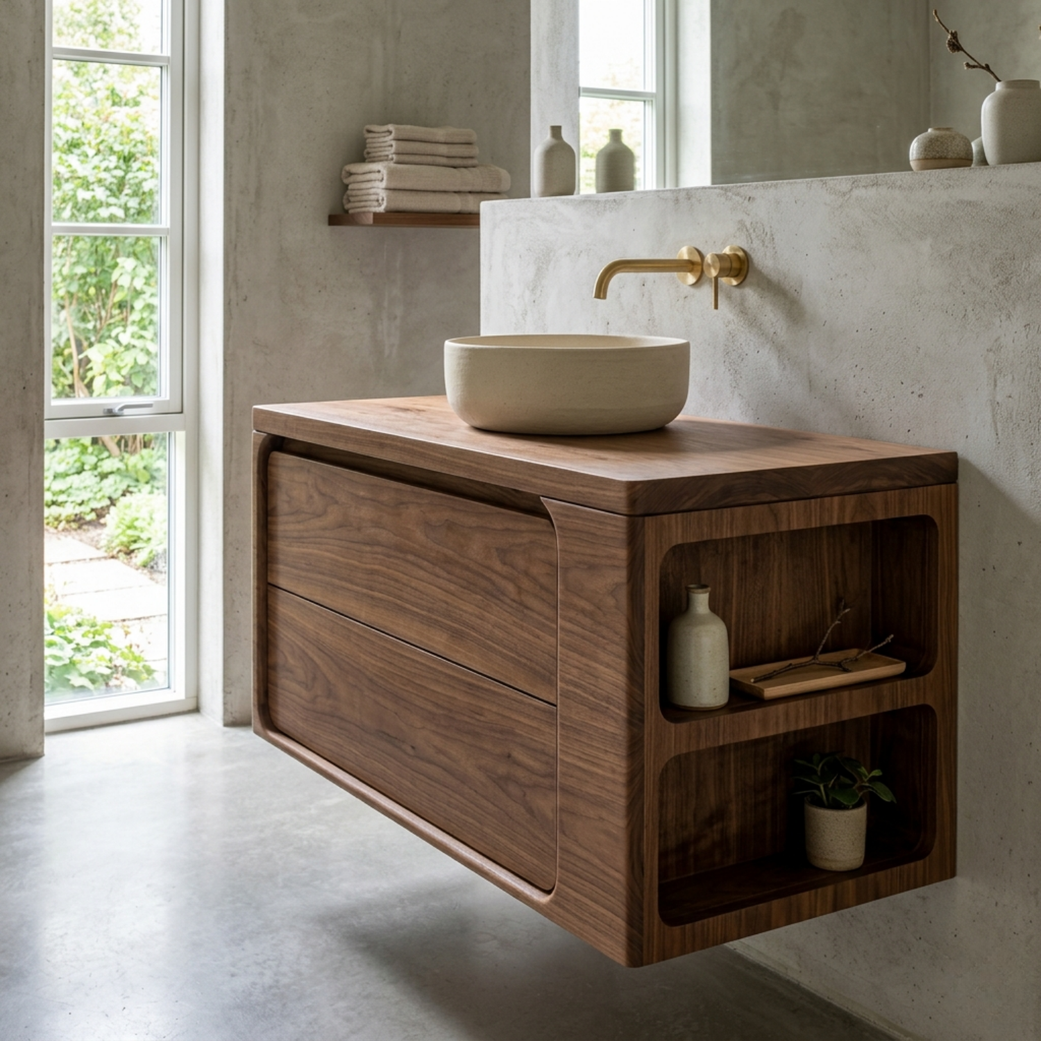 Floating Solid Wood Bathroom Vanity with Curved Frame and Integrated Side Shelves