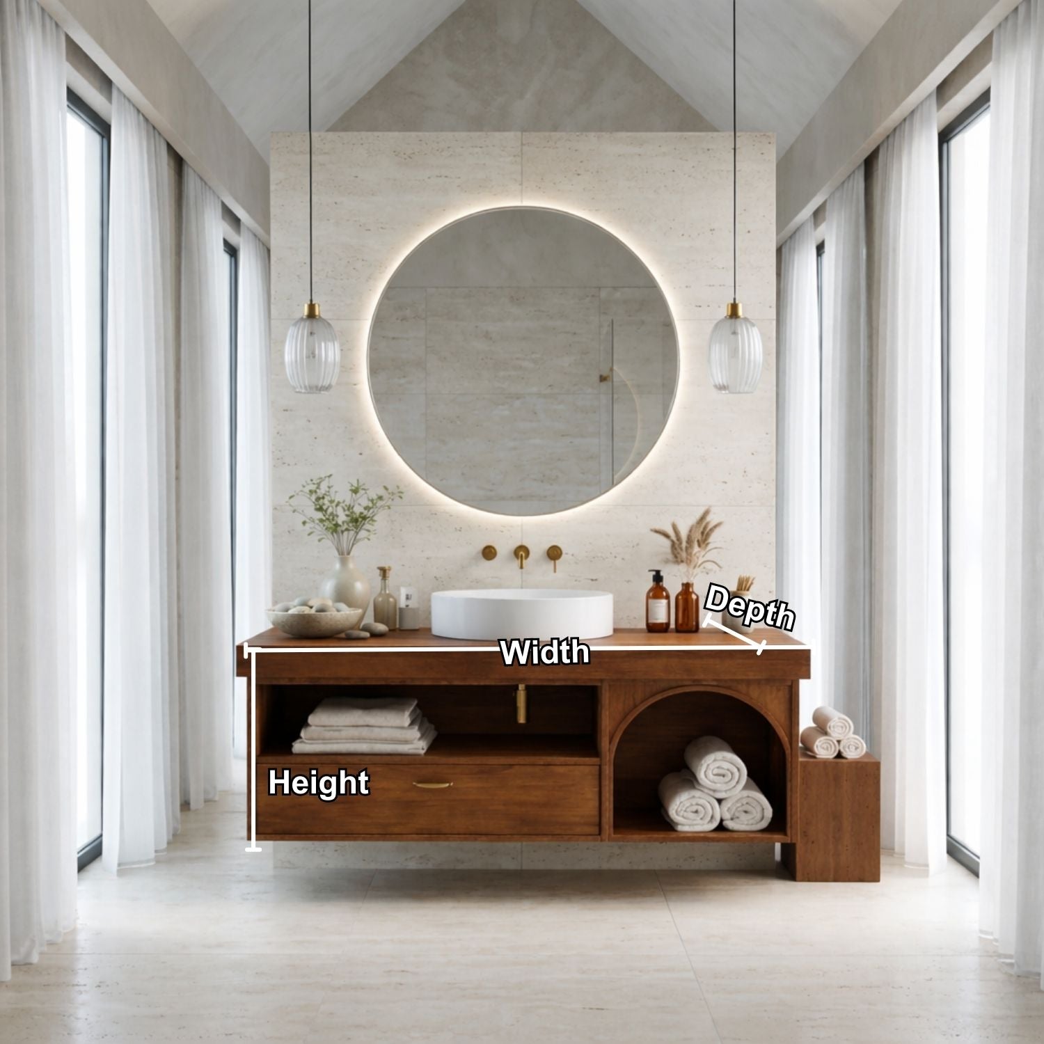Floating Bathroom Vanity with Open Shelf & Arch Towel Niche – Modern Solid Wood