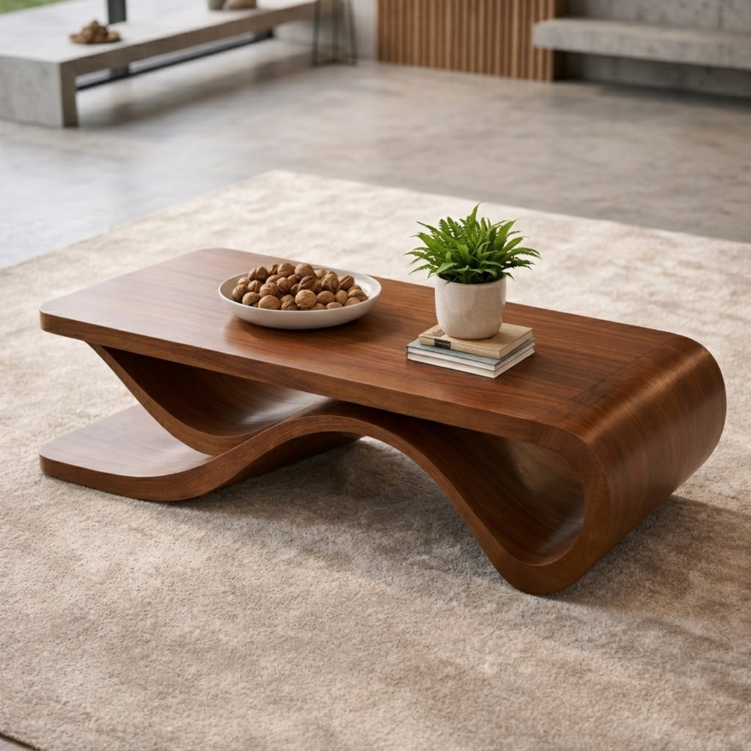 Solid Wood Coffee Table with Wave Sculptural Base – Modern Designer Living Room Table