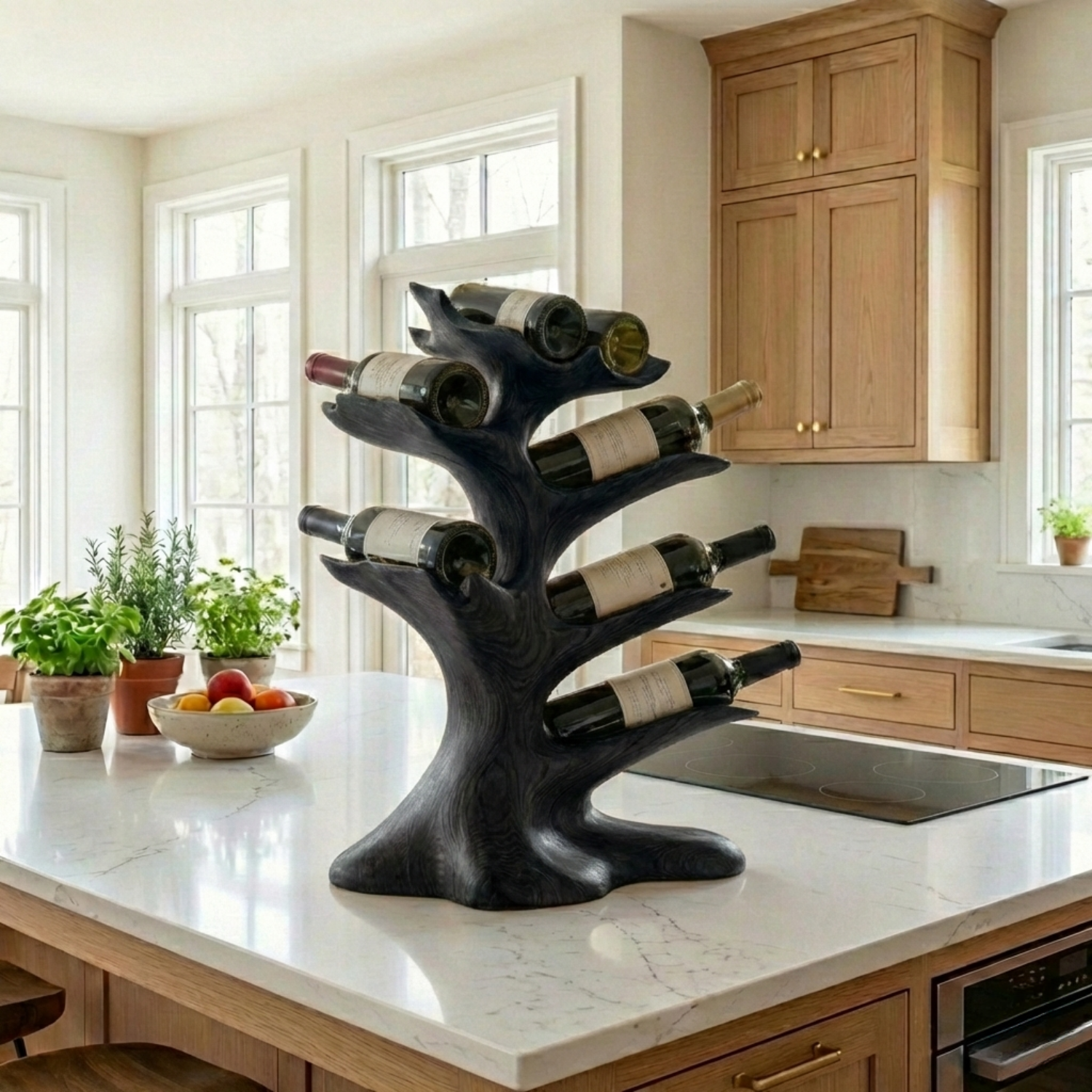 Handcrafted Solid Wood Wine Holder – Tree-Inspired Sculptural Countertop Wine Rack