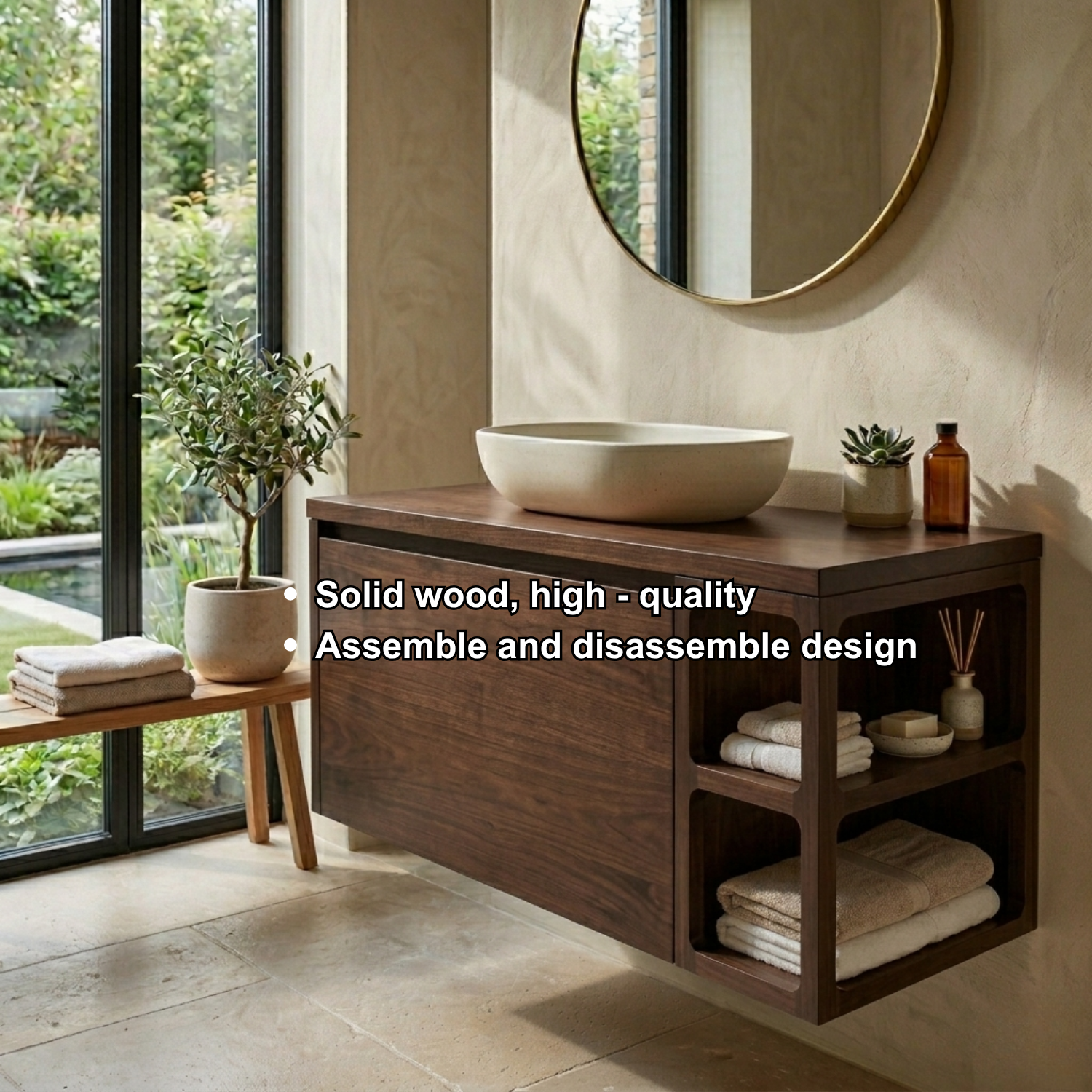 Floating Solid Wood Bathroom Vanity with Cabinet Storage and Sculpted Side Shelves