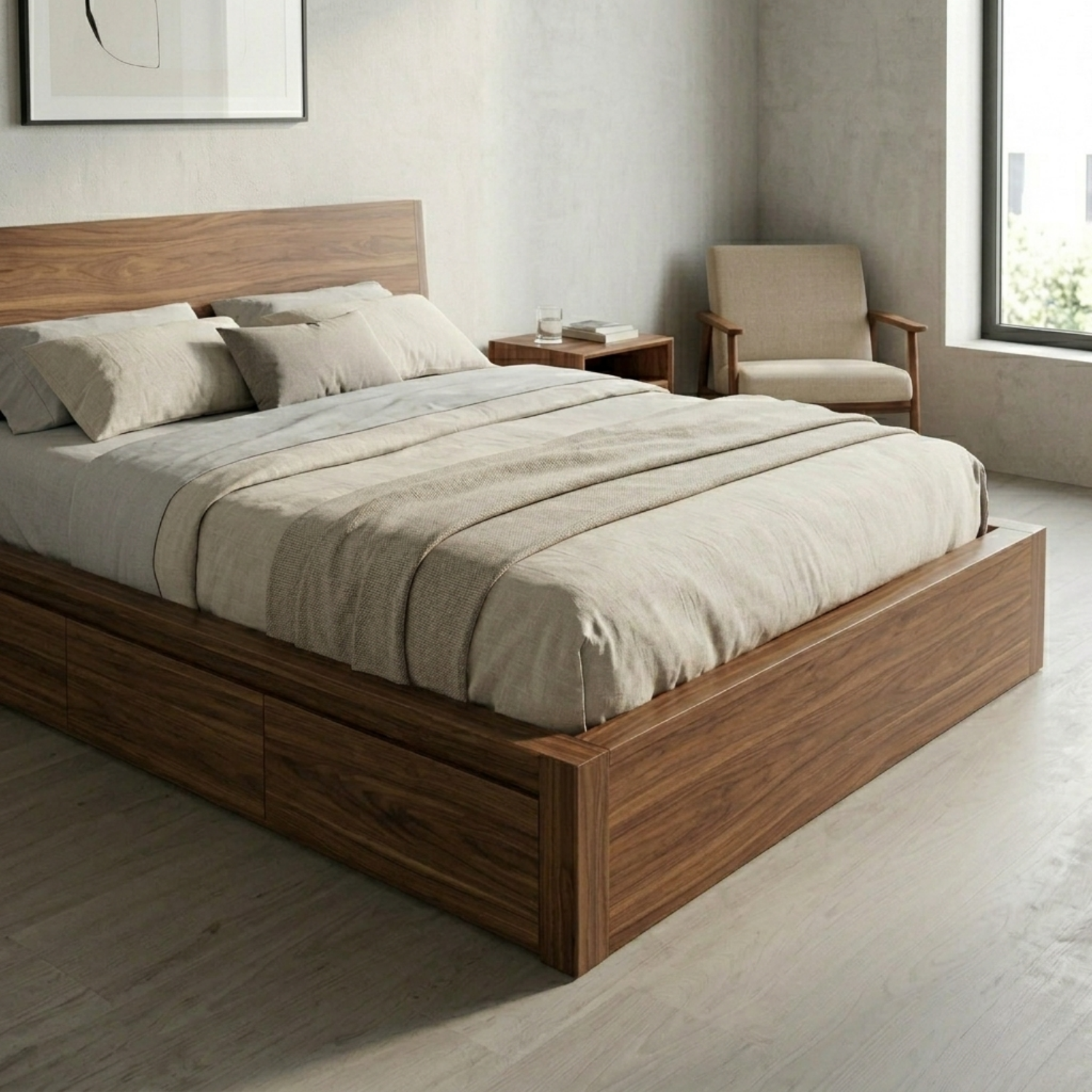 Solid Wood Storage Bed Frame with Side Drawers and Platform Design