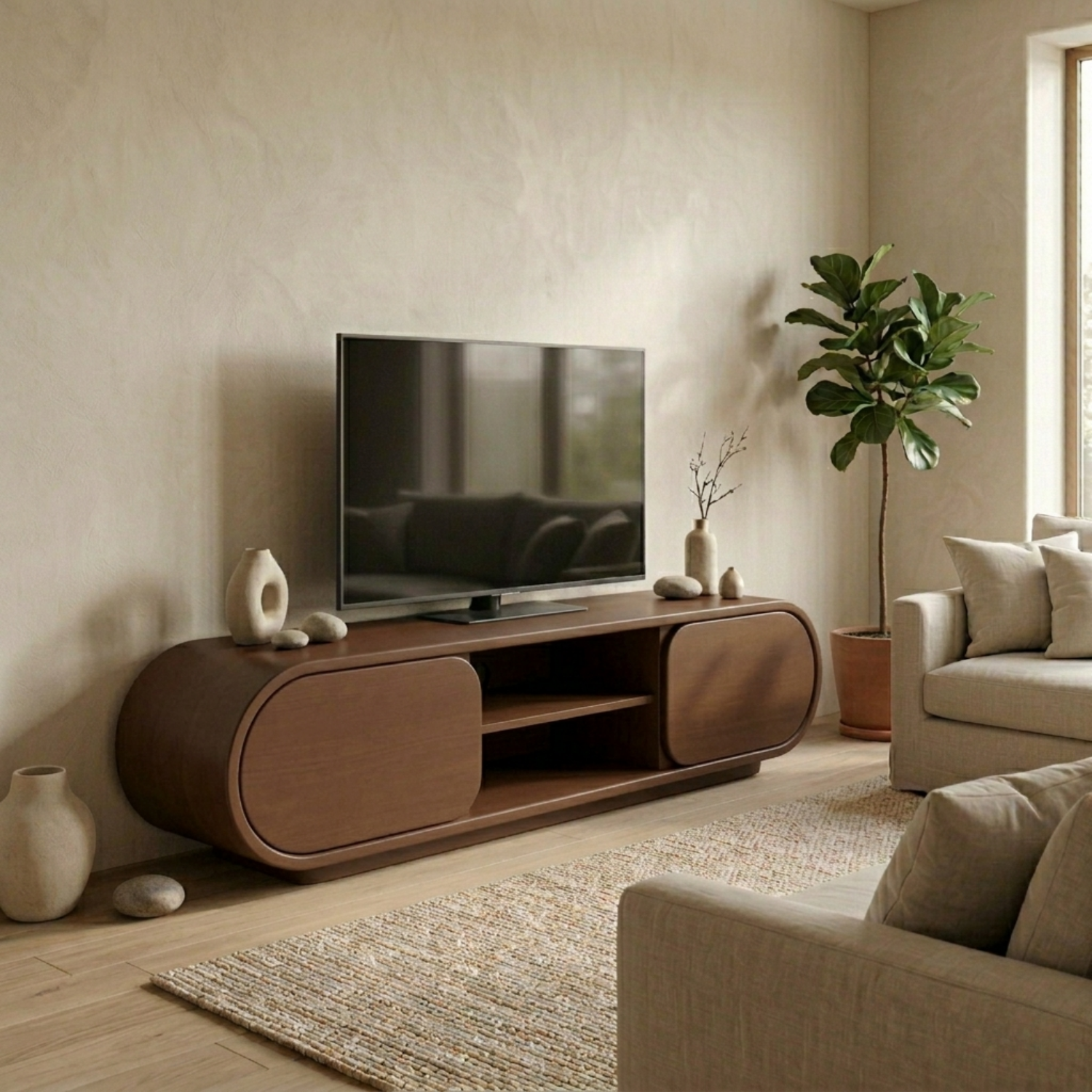 Solid Wood TV Stand with Curved Cabinet Doors and Open Shelf – Modern Media Console