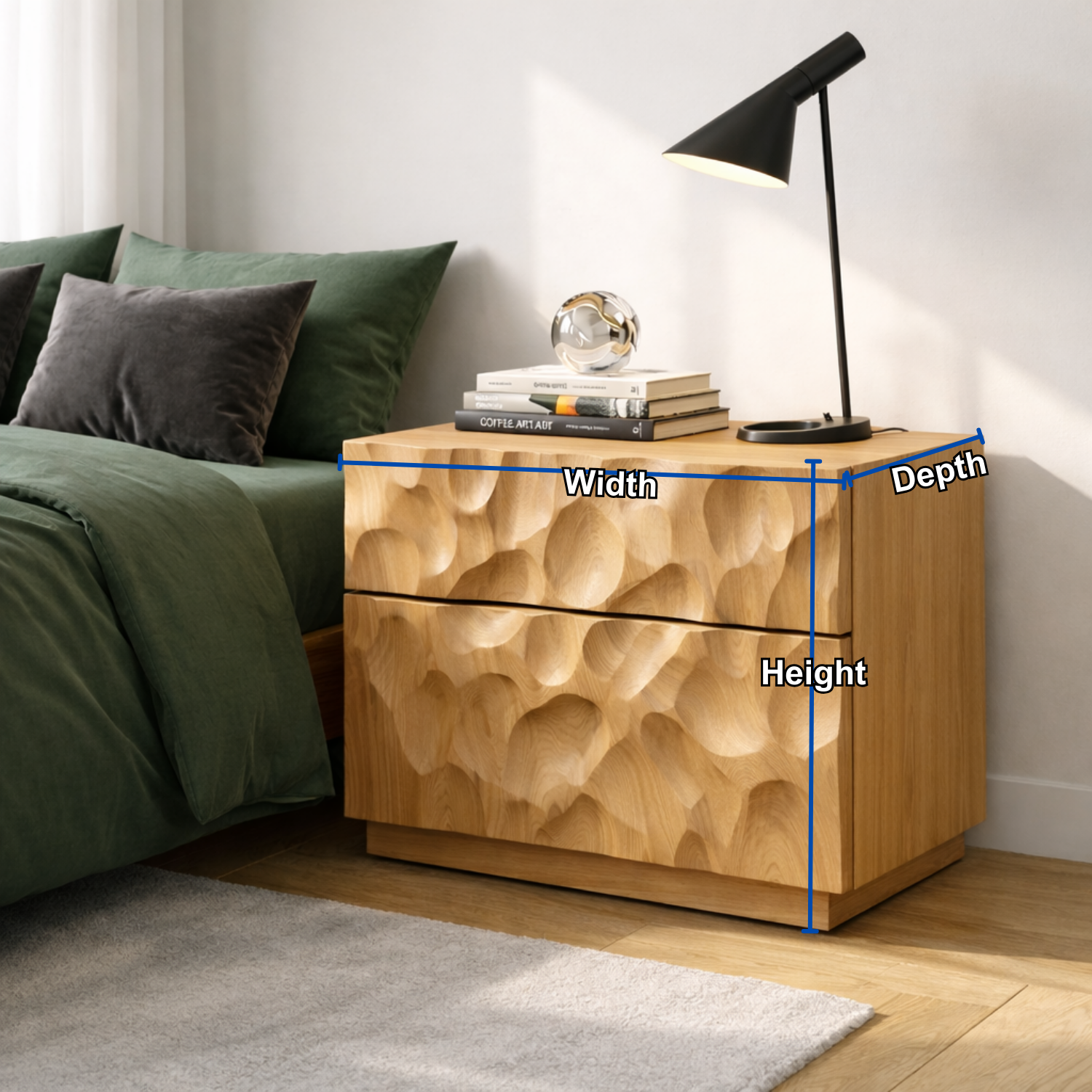 Solid Wood Nightstand with Hand-Carved Drawer Front – Modern Sculptural Bedside Table