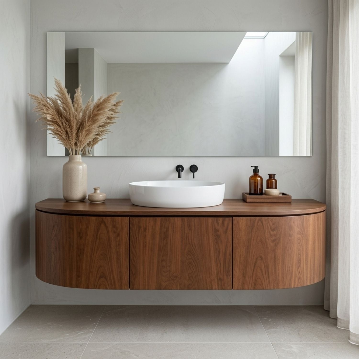 Curved Edge Floating Bathroom Vanity with Rounded Side Cabinets and Hidden Storage