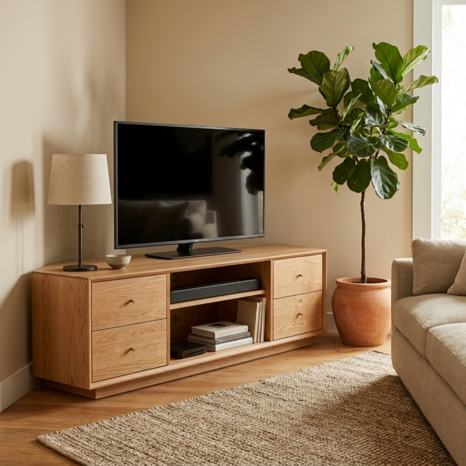 Solid Wood Corner TV Stand with Drawers and Open Media Shelf – Corner Media Console