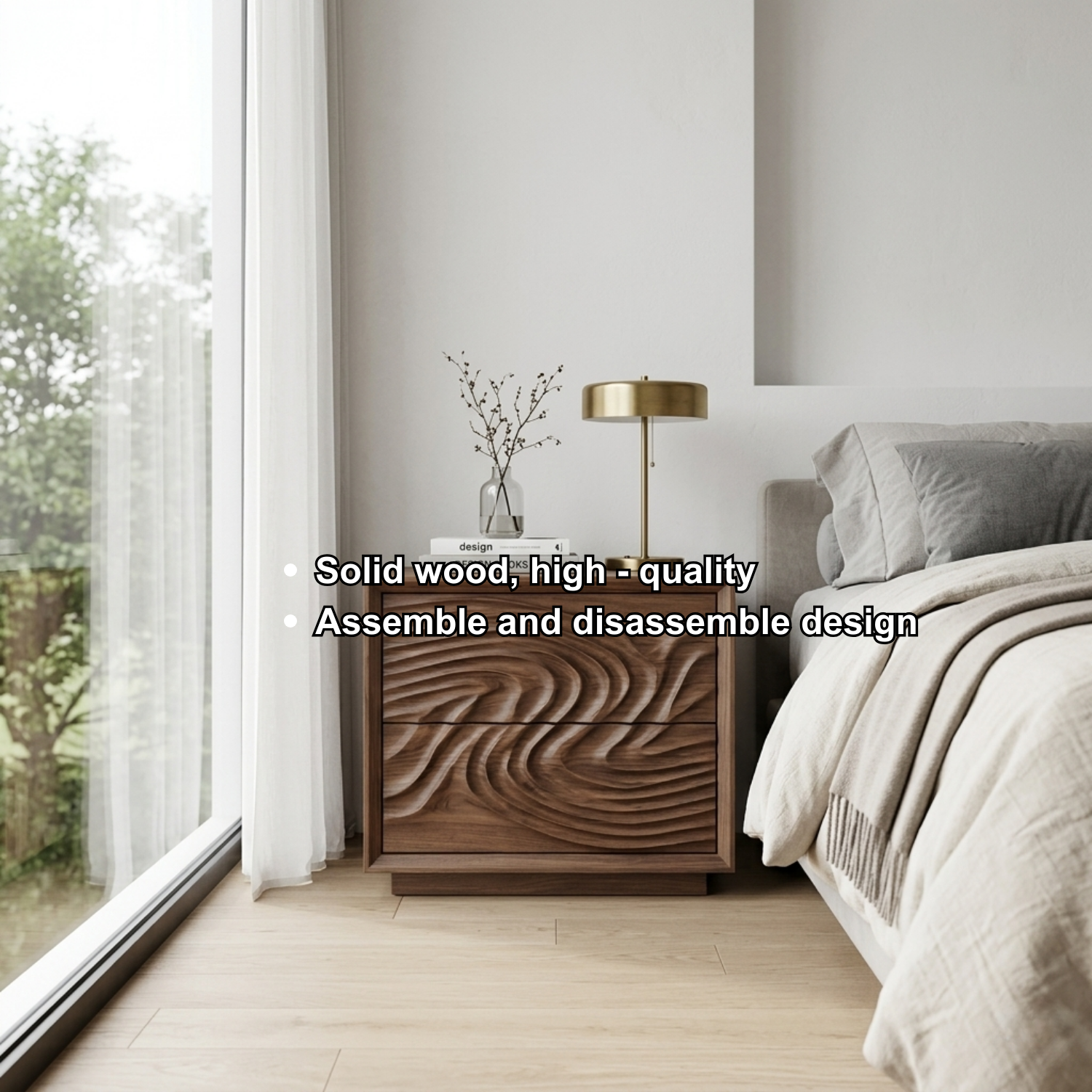 Solid Wood Nightstand with Sculpted Wave Drawers – Modern Carved Bedside Table