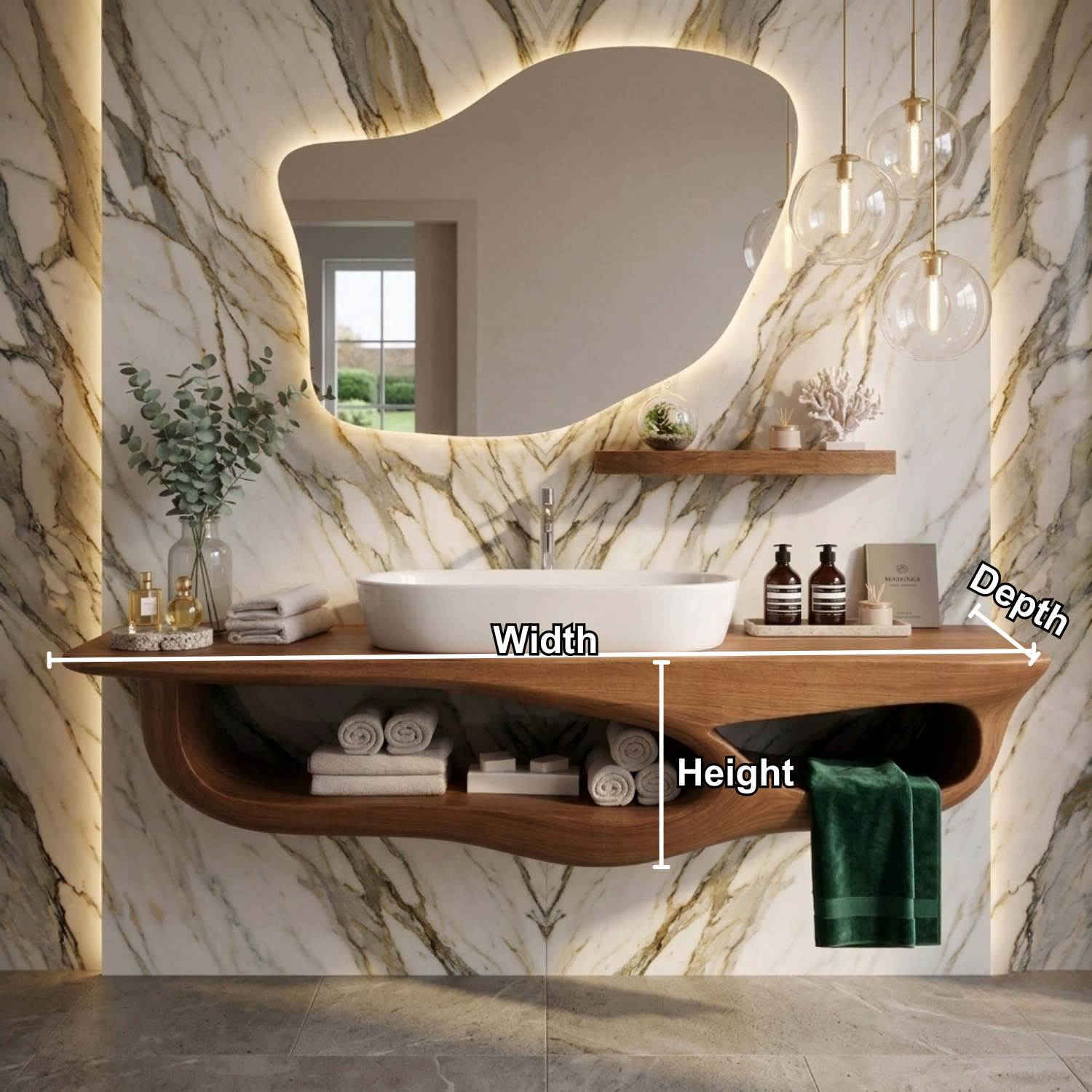 Solid Wood Floating Bathroom Vanity with Curved Shelf – Modern Wall Mounted Vanity