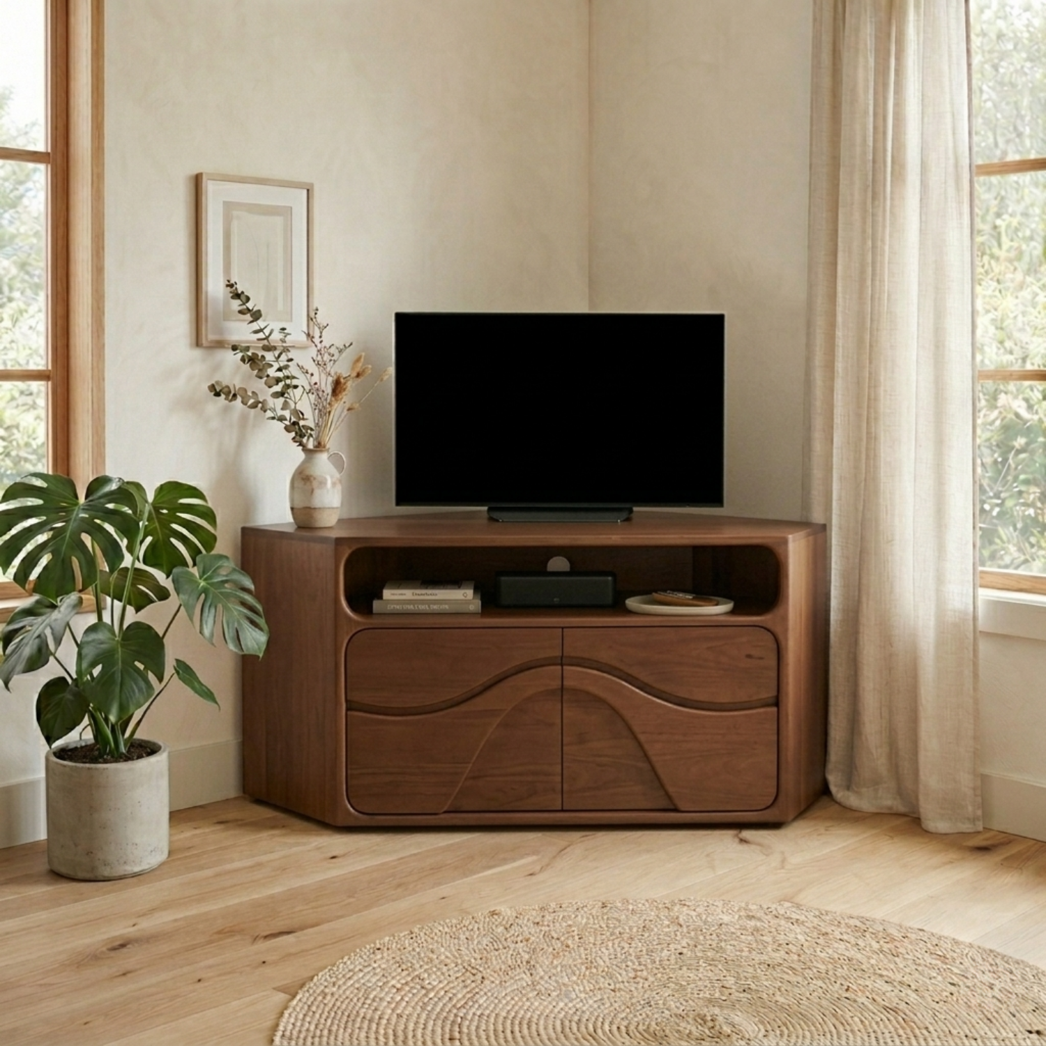 Solid Wood Corner TV Stand with Curved Cabinet Doors and Open Shelf Media Storage