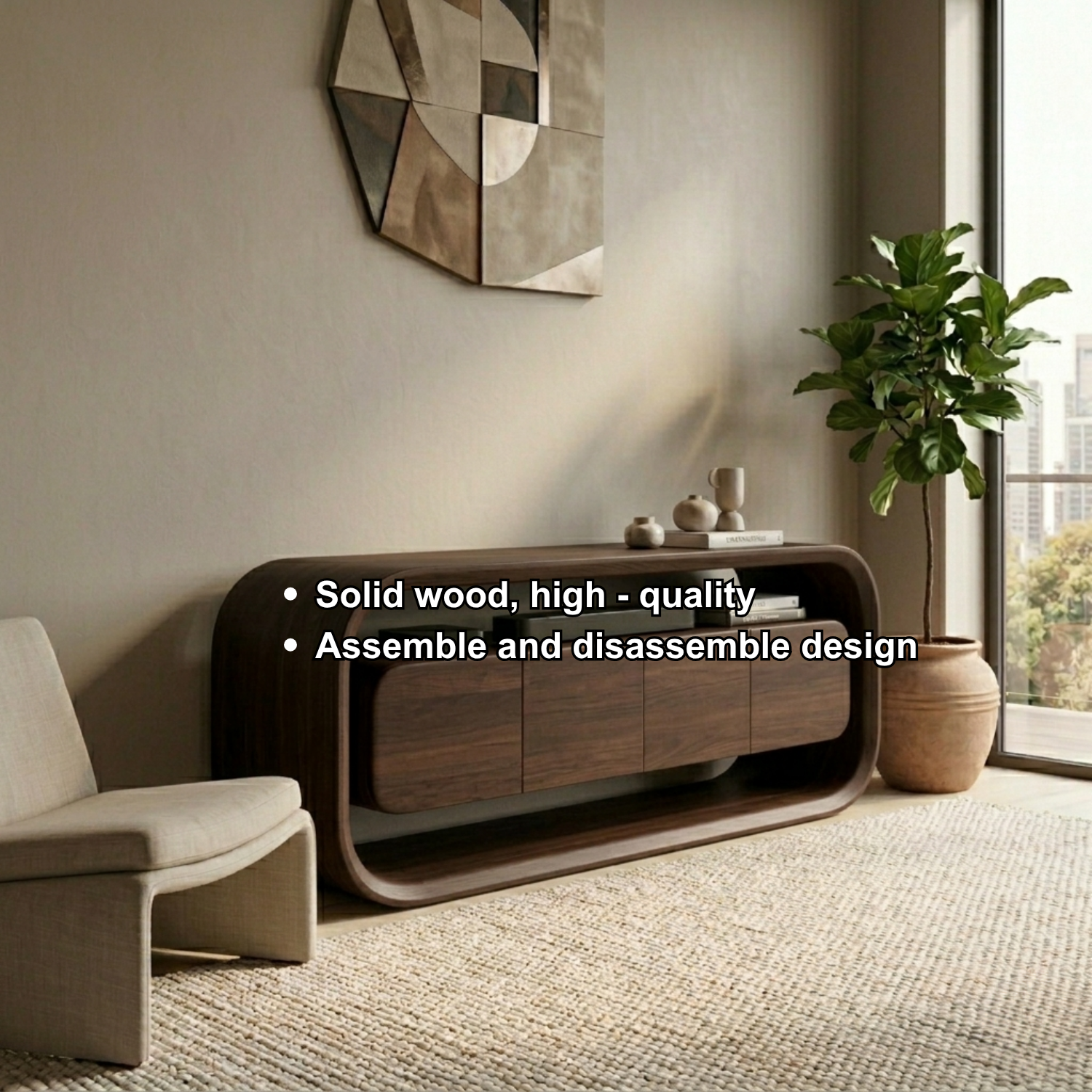 Solid Wood TV Stand with Sculpted Rounded Frame and Floating Cabinet Storage