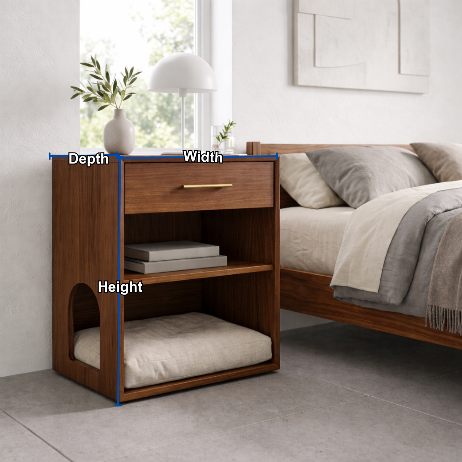 Solid Wood Bedside Table with Cat Sleeping Nook – Modern Nightstand with Drawer & Shelf