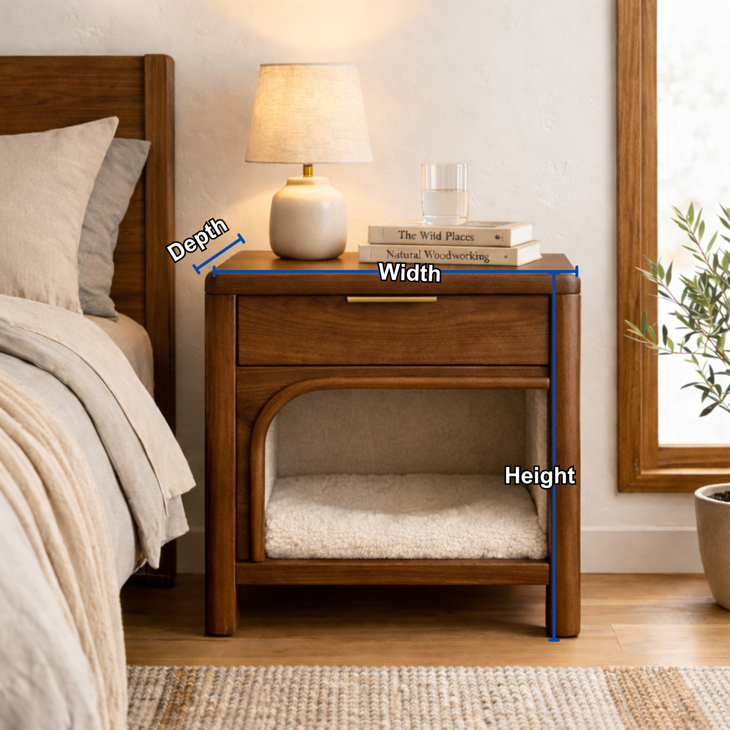 Solid Wood Nightstand with Built-in Cat Bed – Modern Bedside Table with Pet Sleeping Space