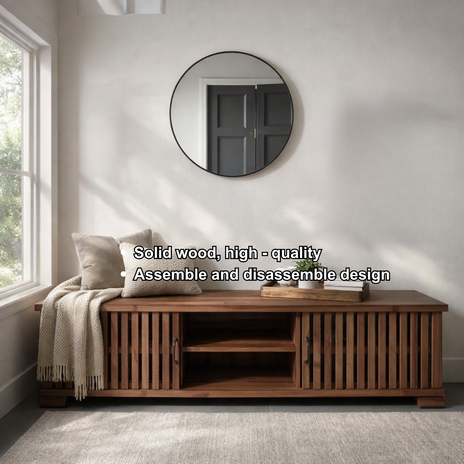 Solid Wood Storage Bench Slatted Doors Low Profile Entryway Bench with Shelf