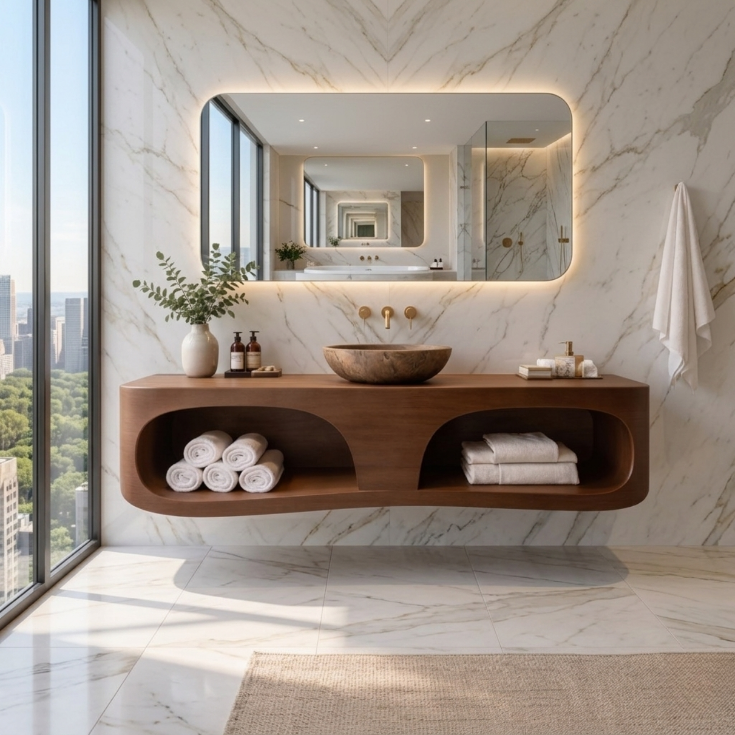 Solid Wood Floating Bathroom Vanity with Open Shelf – Modern Wall Mounted Vanity