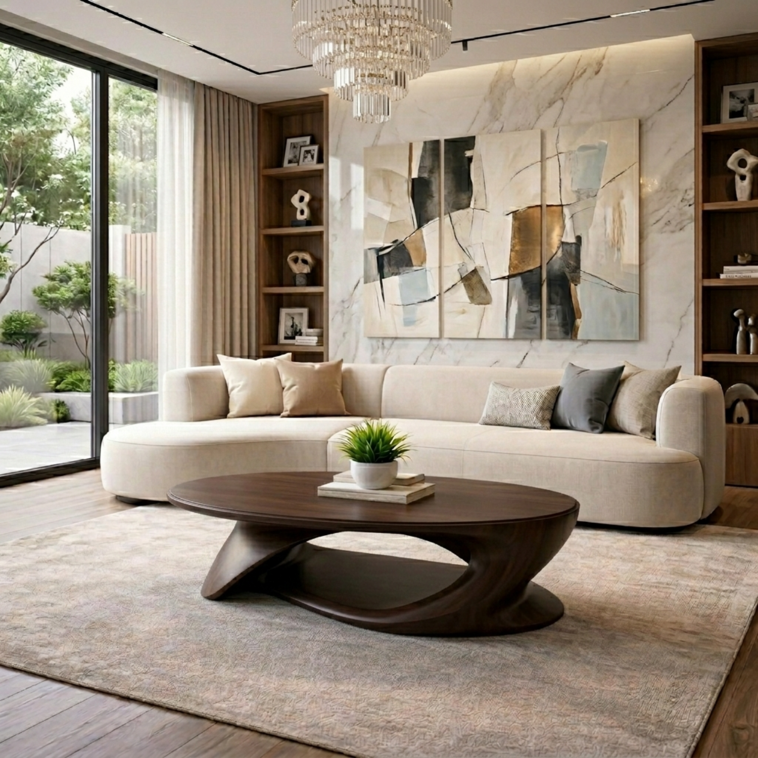 Solid Wood Oval Coffee Table with Sculptural Base – Modern Living Room Center Table