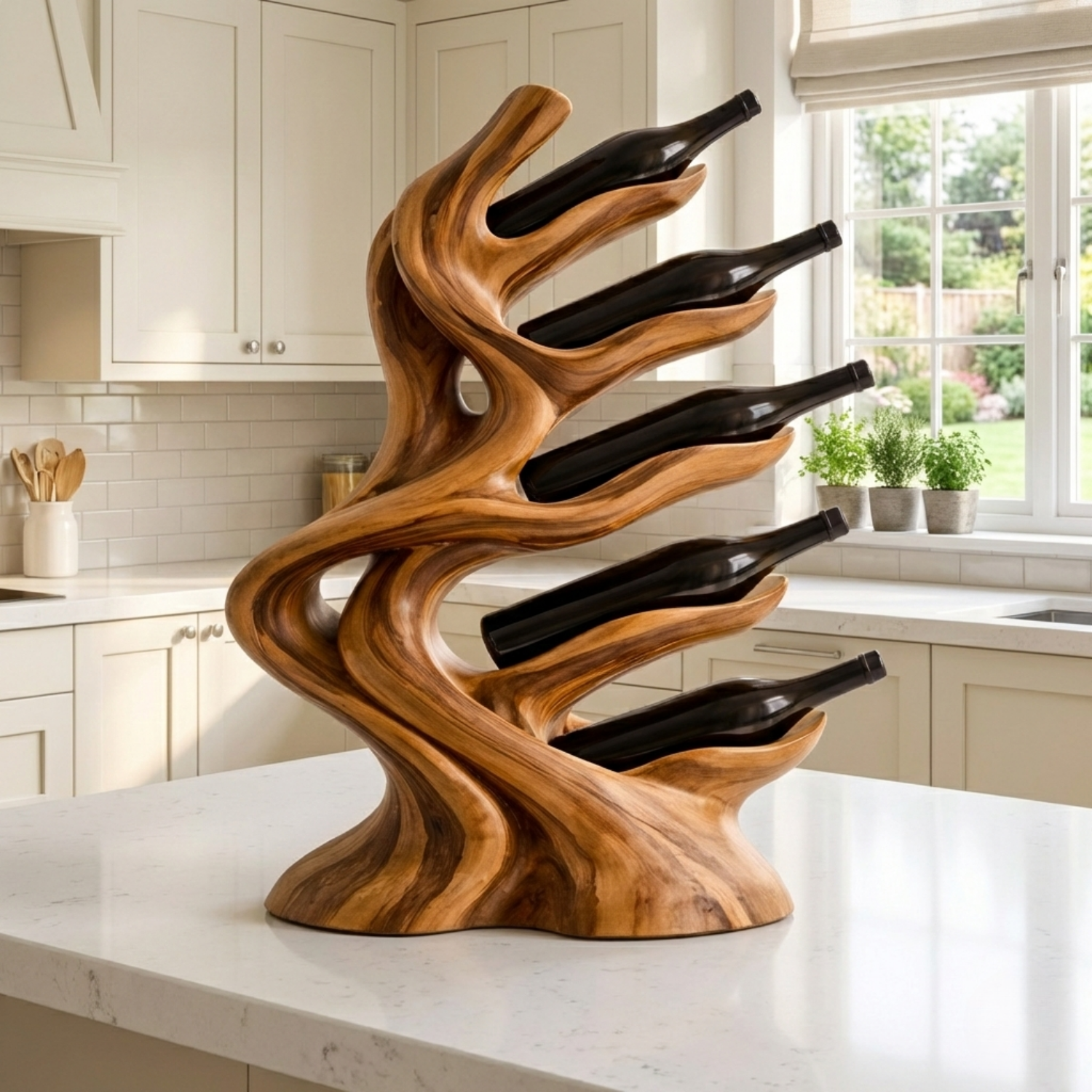 Handcrafted Solid Wood Wine Holder – Modern Sculptural Countertop Wine Rack