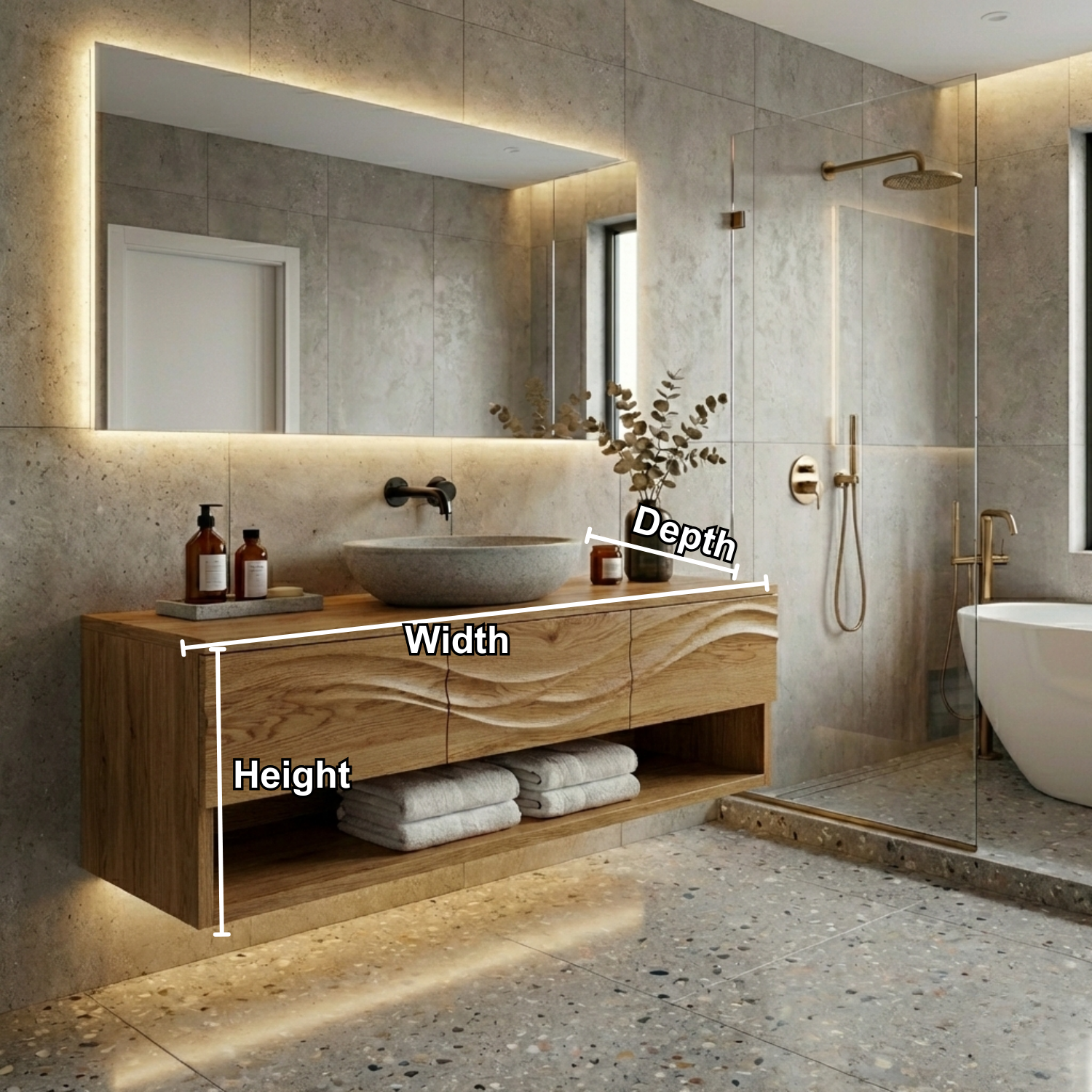 Floating Solid Wood Bathroom Vanity with Wave Design and Open Shelf Storage