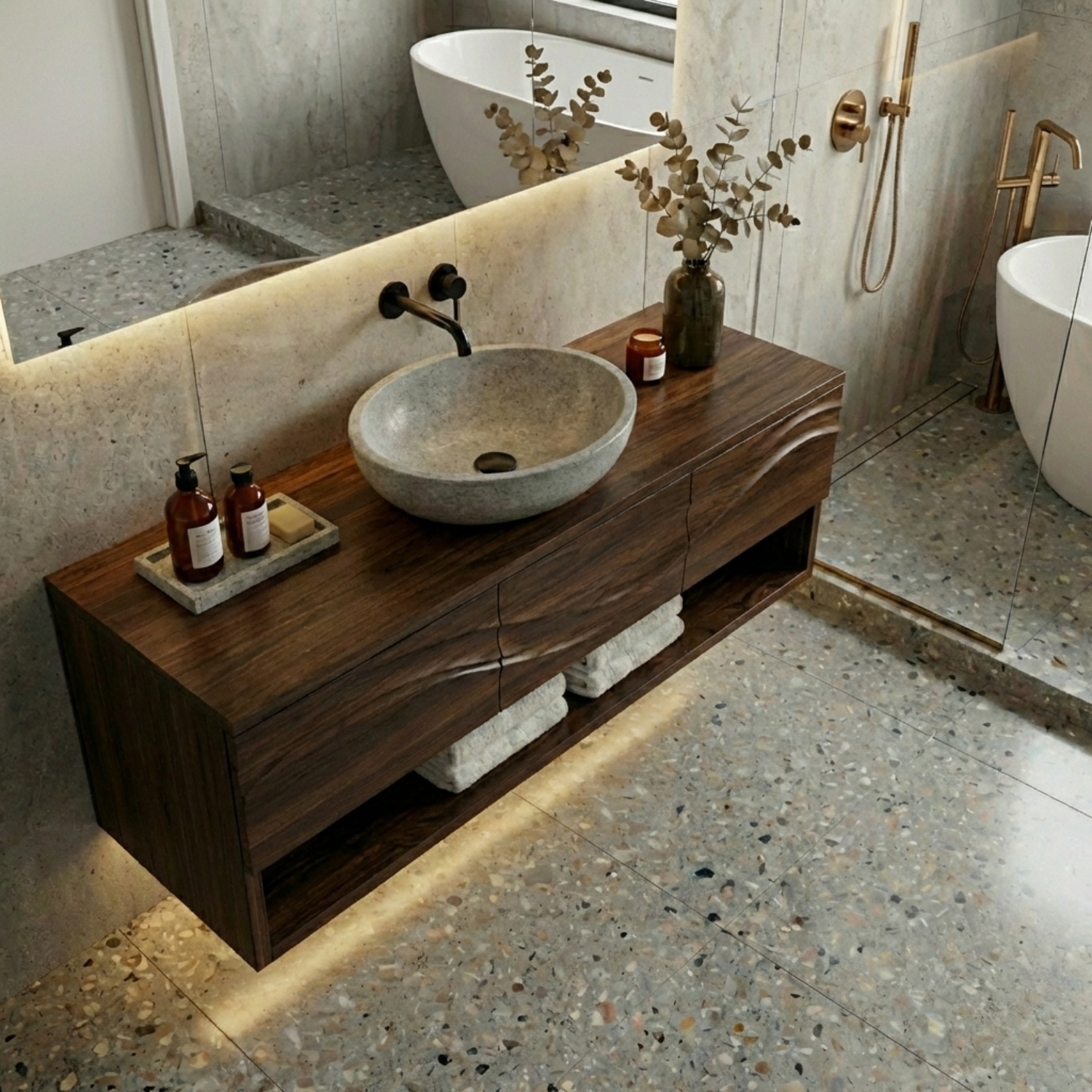 Floating Solid Wood Bathroom Vanity with Wave Design and Open Shelf Storage