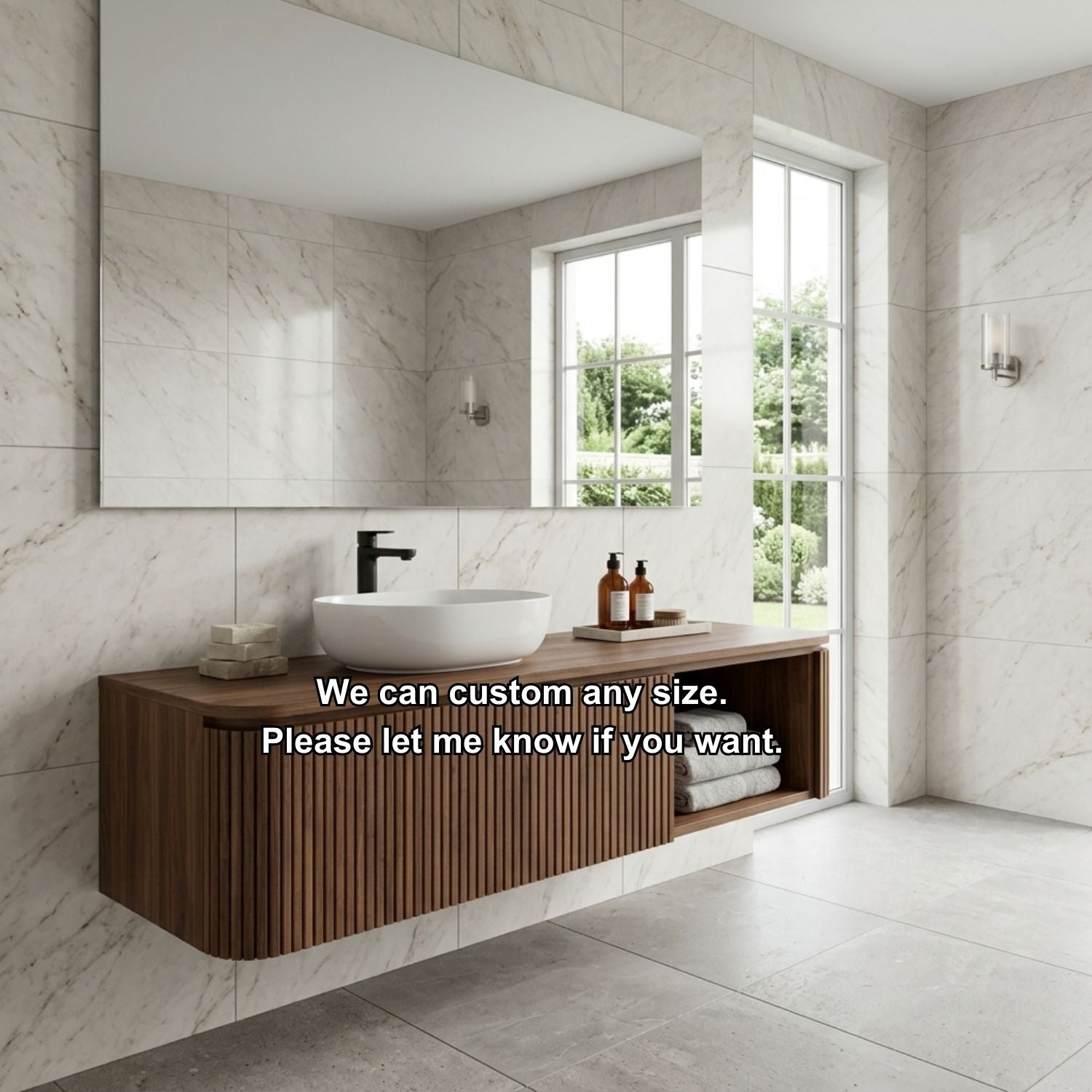 Floating Bathroom Vanity with Fluted Wood Front and Open Shelf Storage
