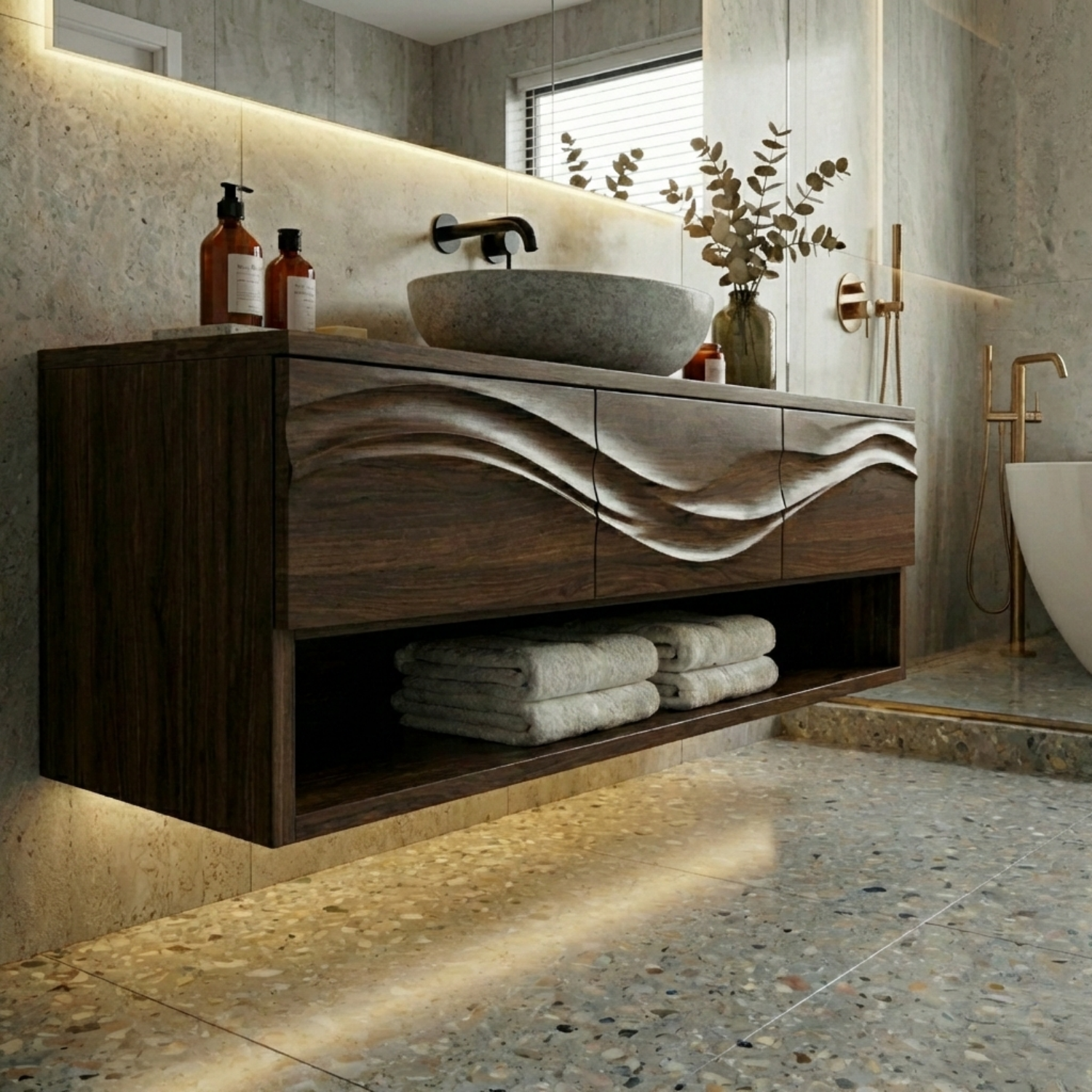 Floating Solid Wood Bathroom Vanity with Wave Design and Open Shelf Storage
