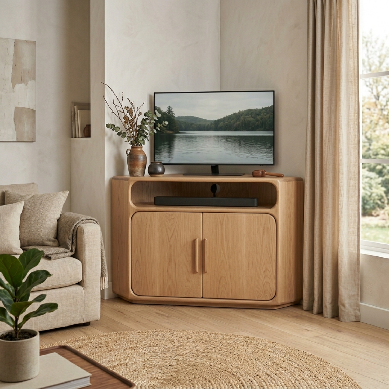 Solid Wood Corner TV Stand with Rounded Edges and Cabinet Storage – Corner Media Console