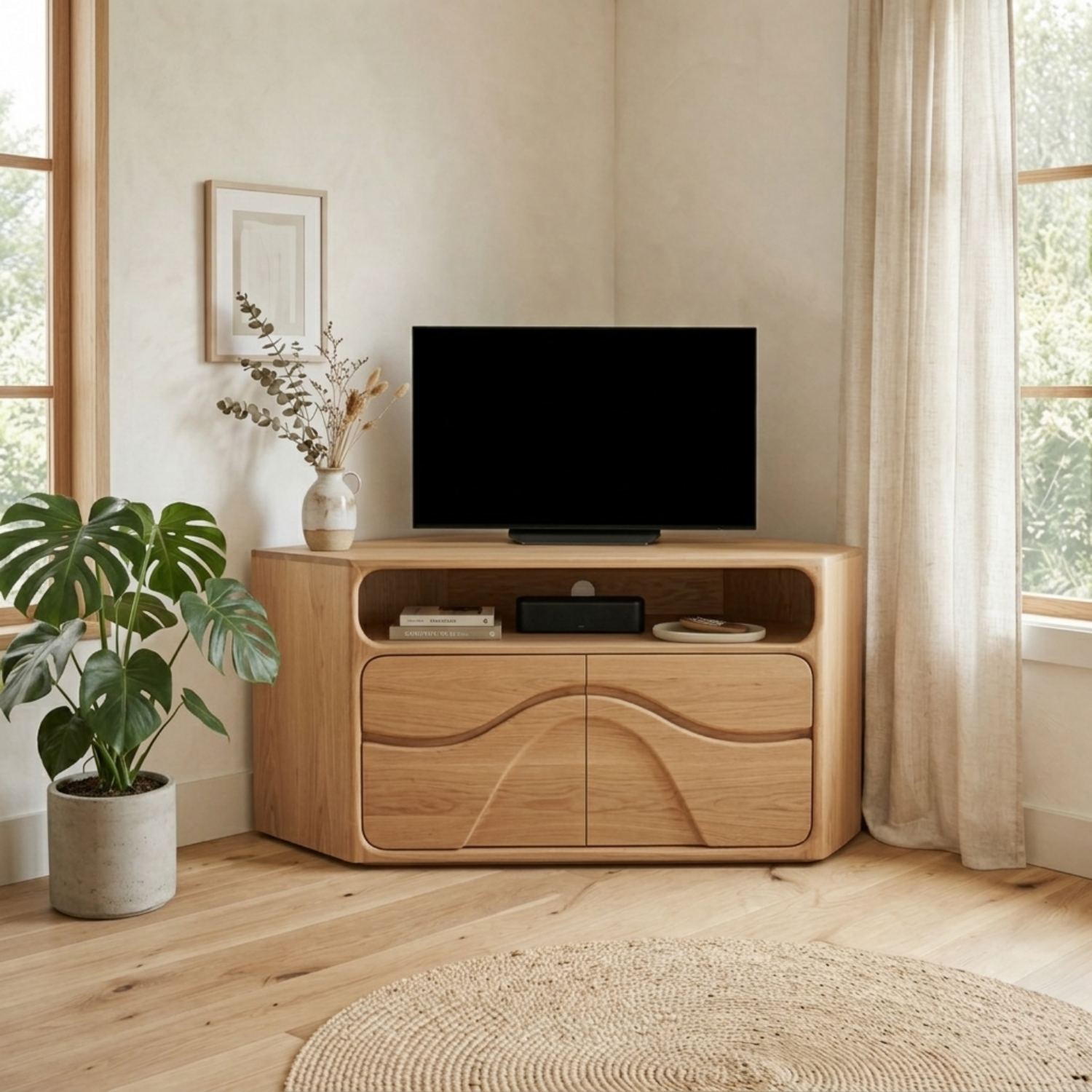 Solid Wood Corner TV Stand with Curved Cabinet Doors and Open Shelf Media Storage