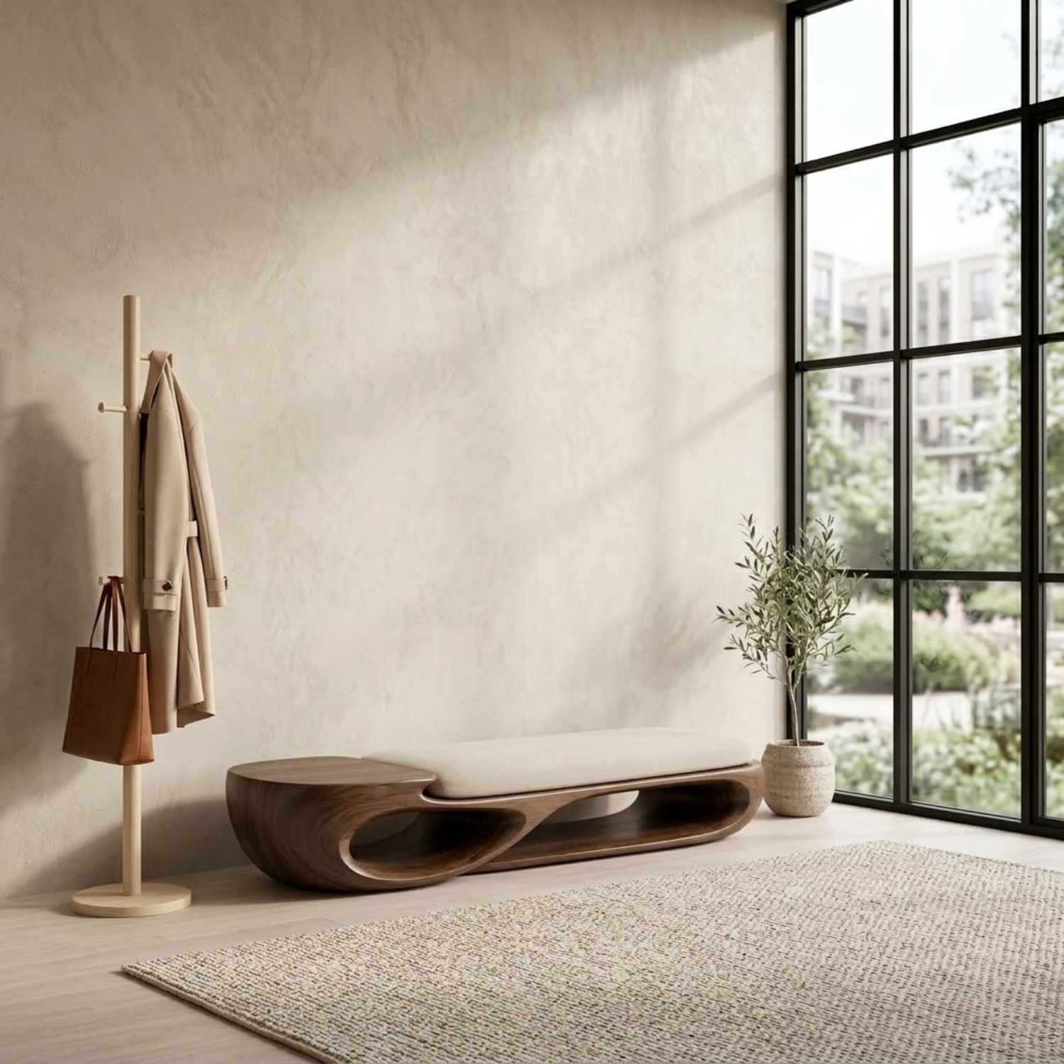 Double Curve Solid Wood Entryway Bench – Sculptural Modern Organic Design