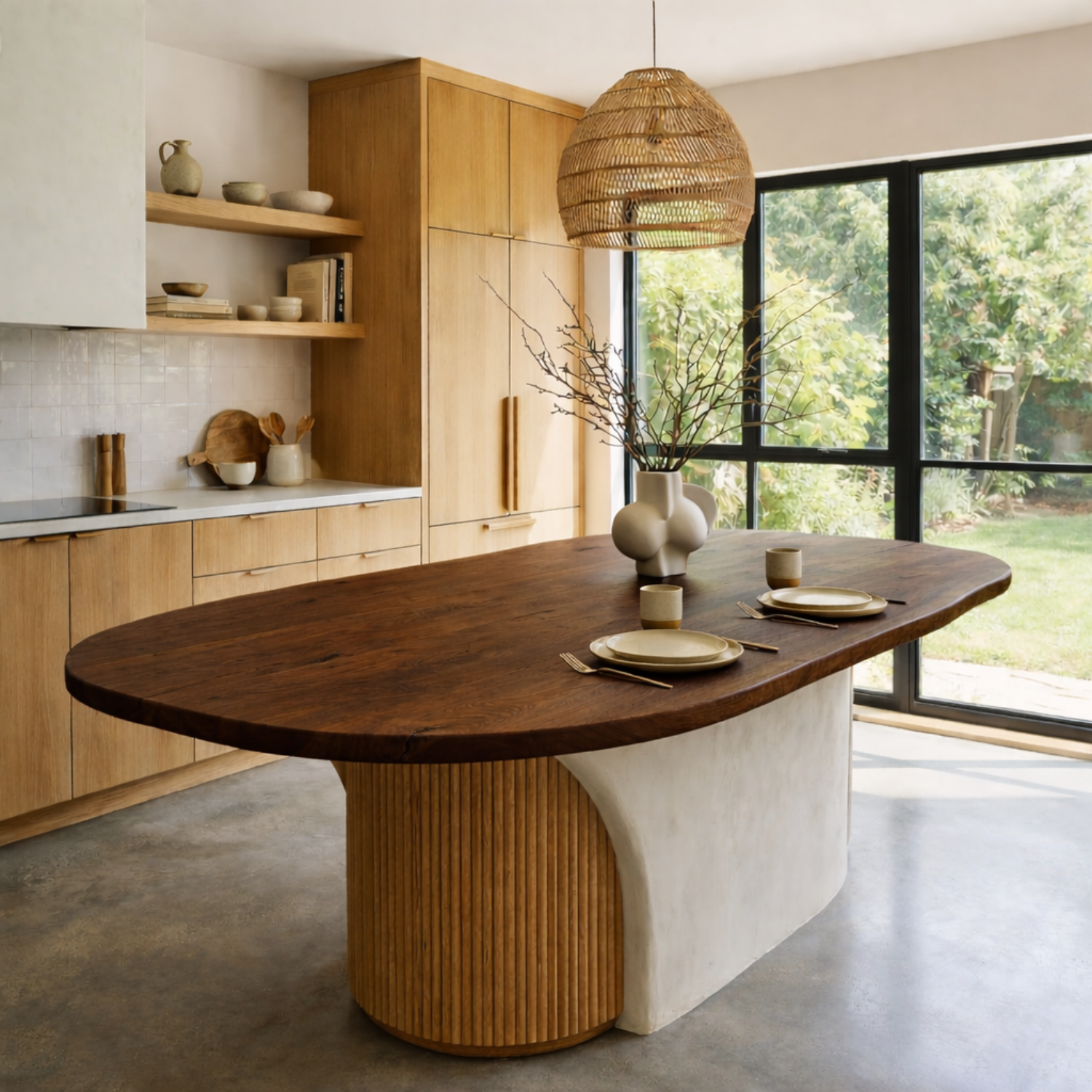 Solid Wood Oval Kitchen Island Countertop with Smooth Curved Edge Design