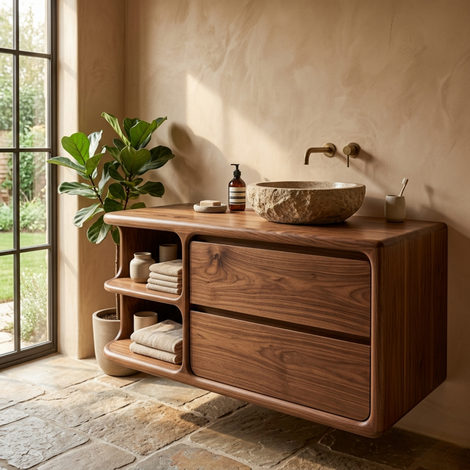 Floating Solid Wood Bathroom Vanity with Curved Frame, Two Drawers and Sculpted Open Shelves