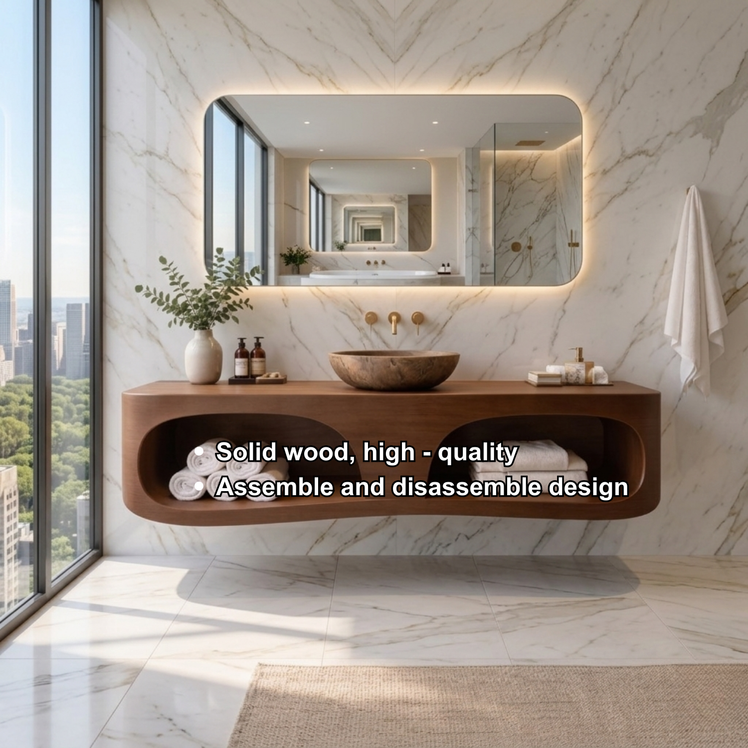 Solid Wood Floating Bathroom Vanity with Open Shelf – Modern Wall Mounted Vanity