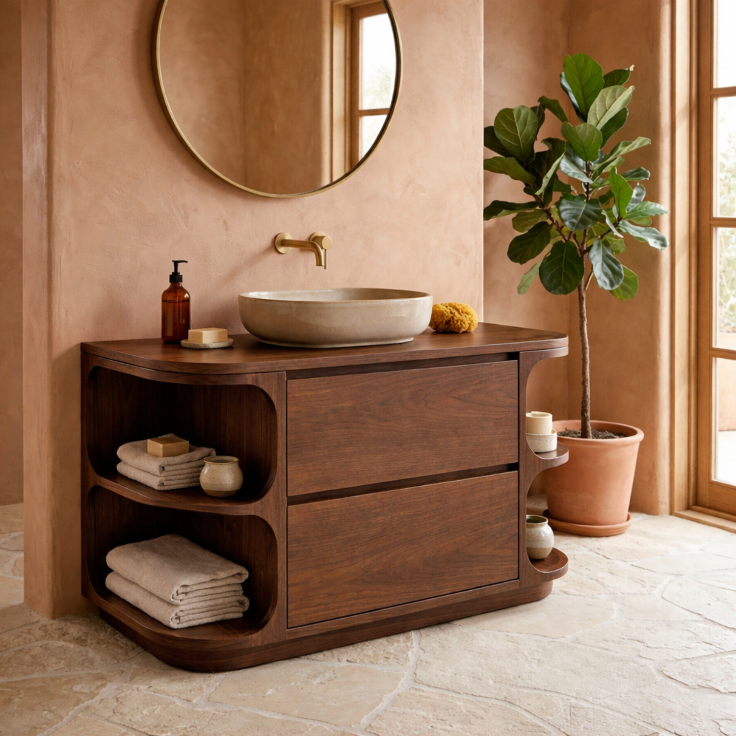 Solid Wood Bathroom Vanity with Curved Side Shelves and Two Drawers