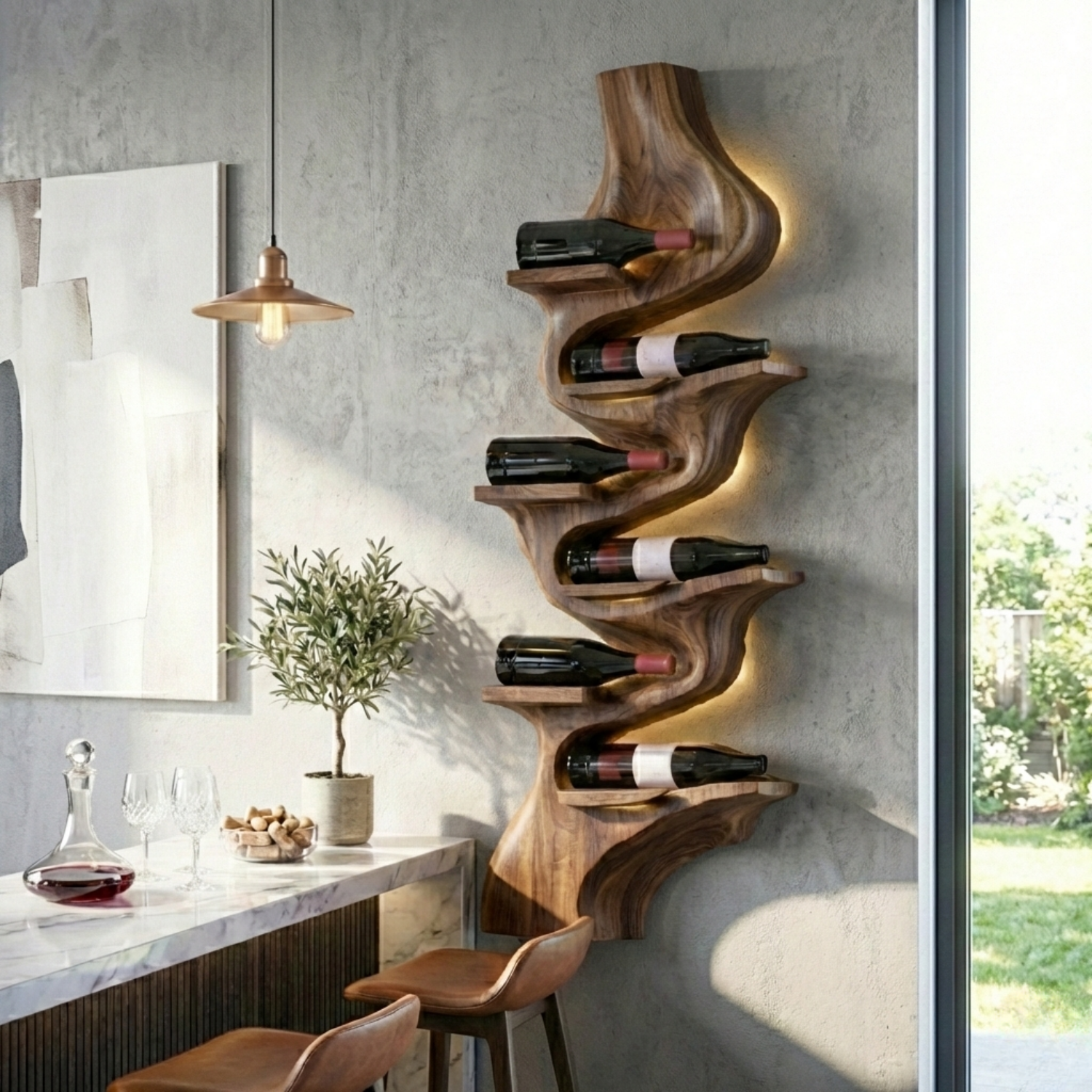 Handcrafted Solid Wood Vertical Wine Holder – Sculptural Wall Mounted Wine Rack