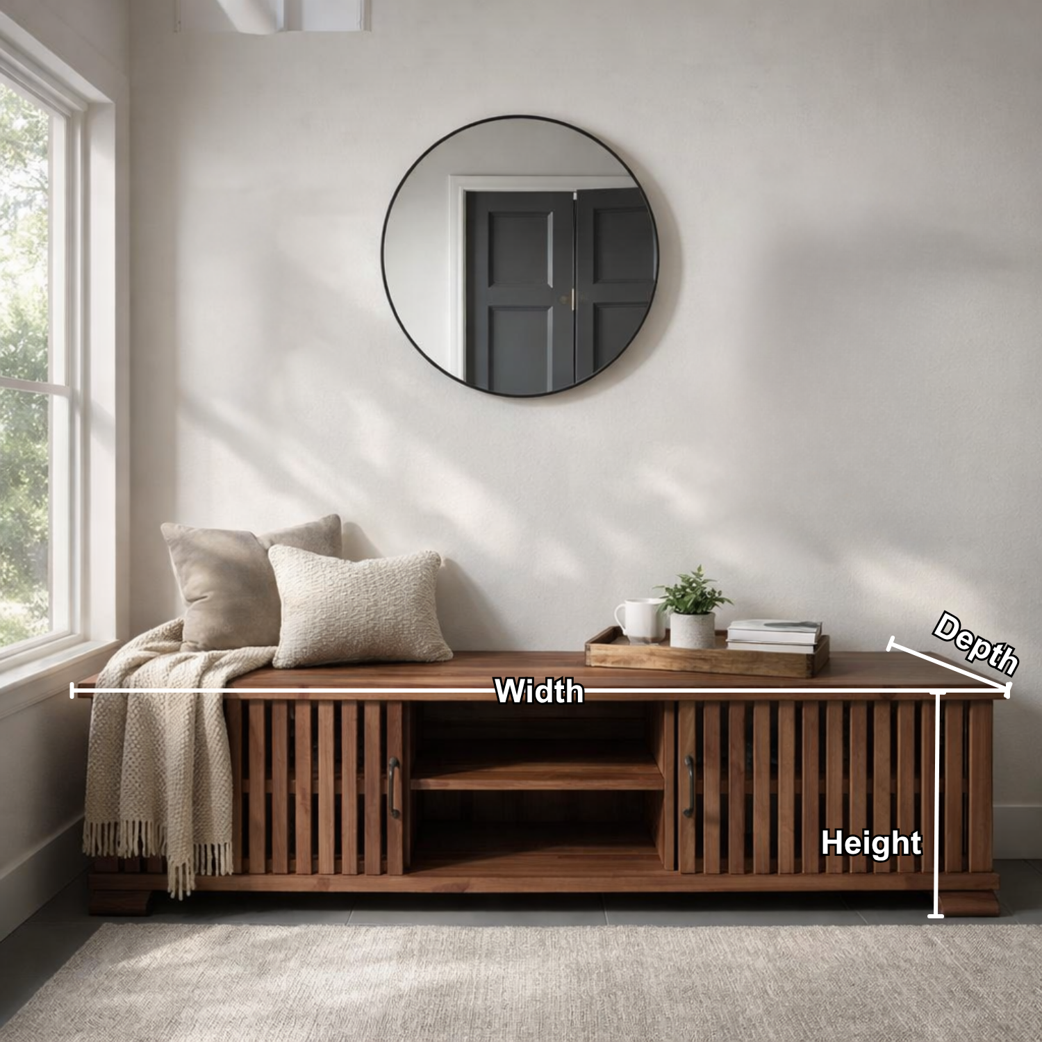 Solid Wood Storage Bench Slatted Doors Low Profile Entryway Bench with Shelf