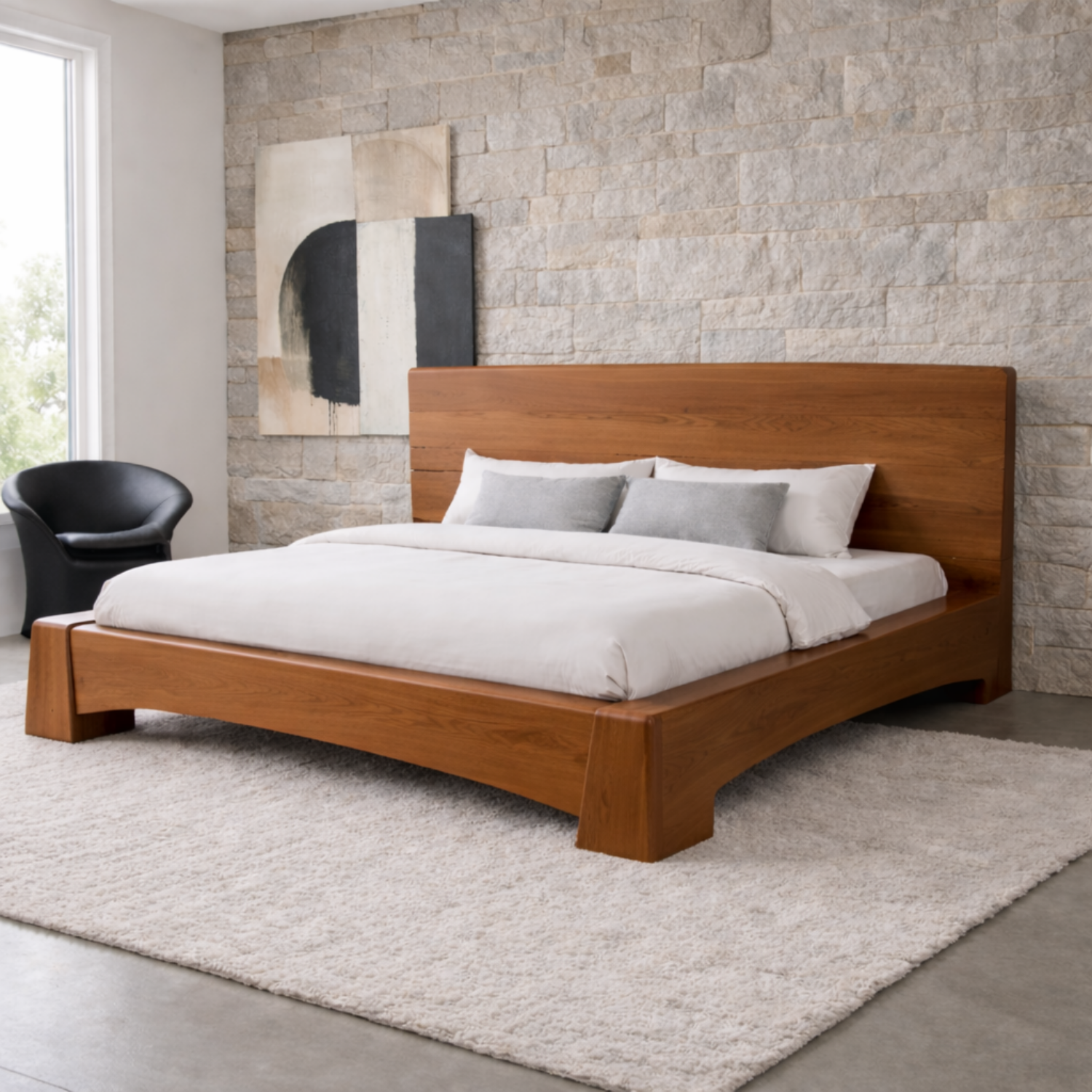 Solid Wood Platform Bed Frame with Wide Panel Headboard and Sculpted Base