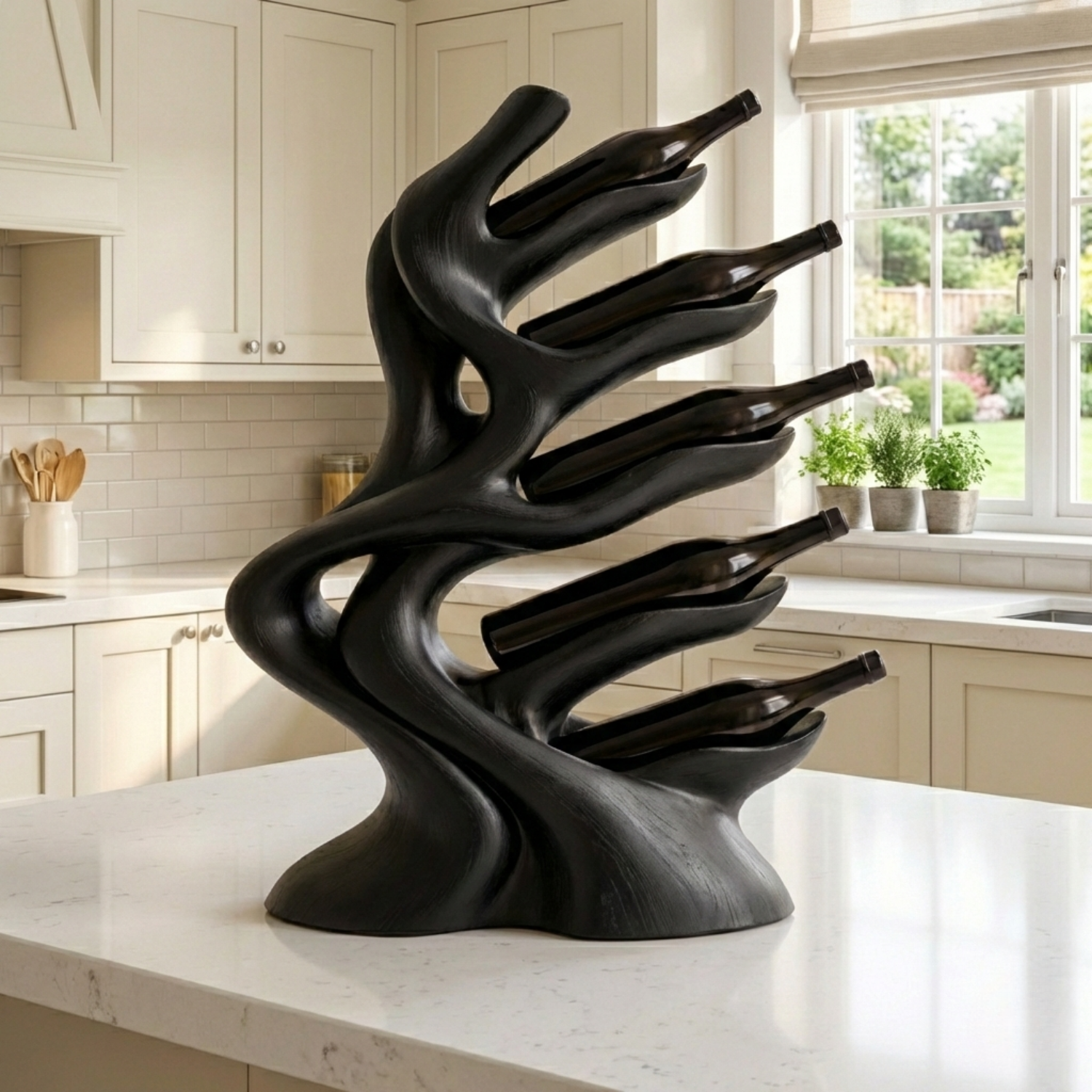 Handcrafted Solid Wood Wine Holder – Modern Sculptural Countertop Wine Rack