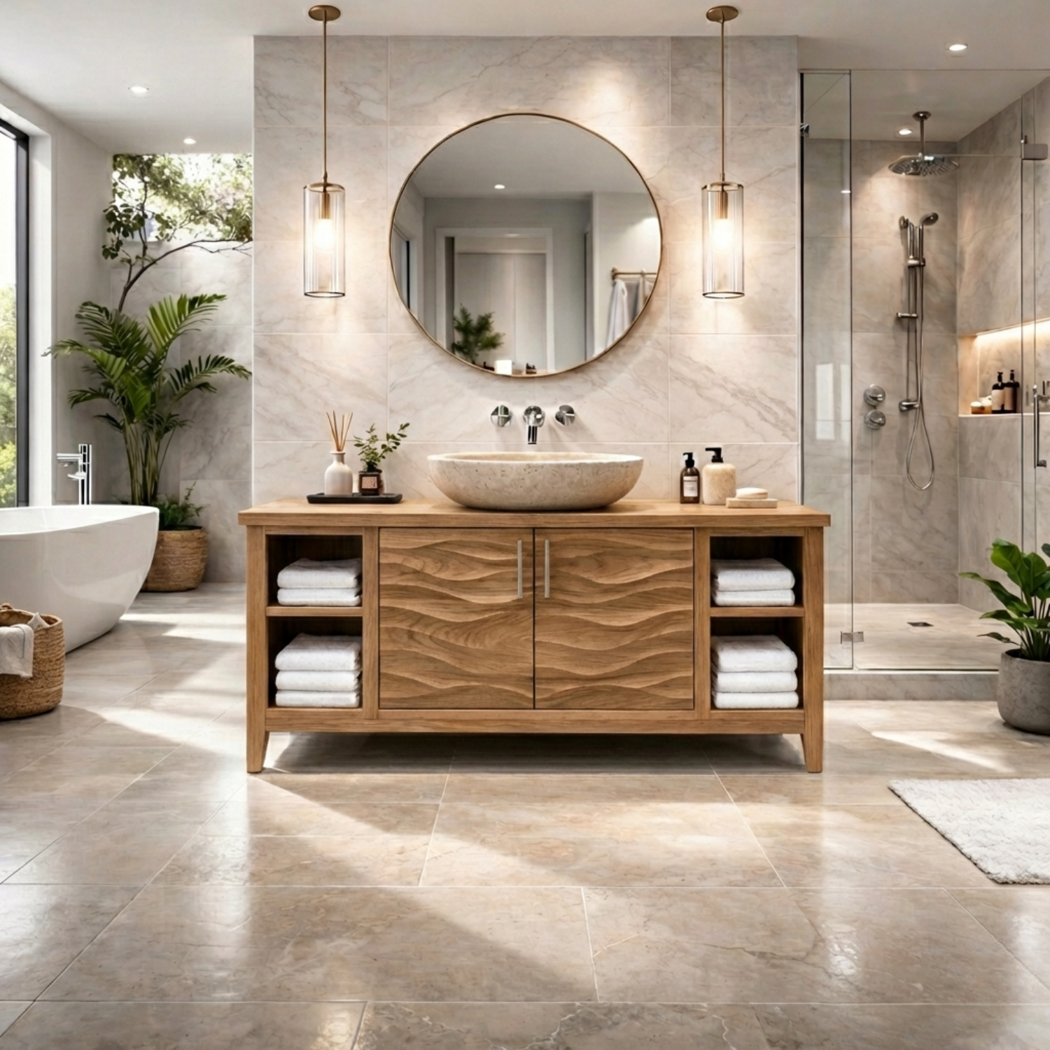 Freestanding Solid Wood Bathroom Vanity with Wave Front and Open Shelf Storage
