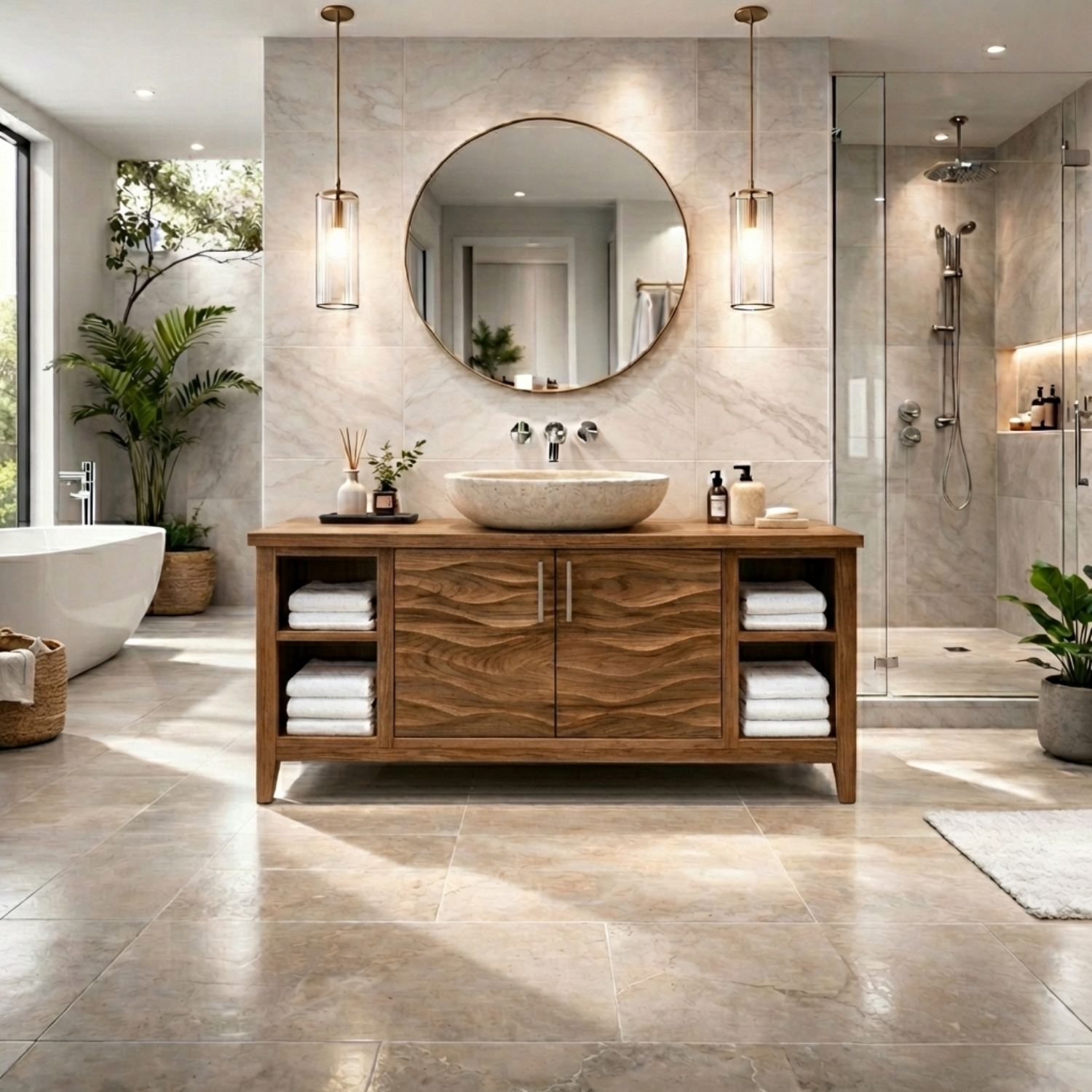 Freestanding Solid Wood Bathroom Vanity with Wave Front and Open Shelf Storage