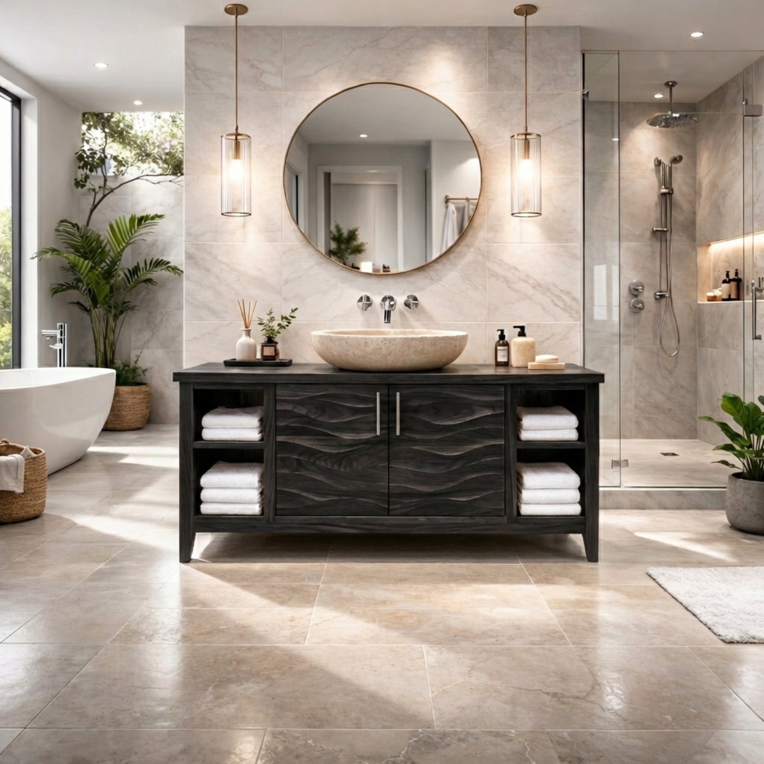 Freestanding Solid Wood Bathroom Vanity with Wave Front and Open Shelf Storage