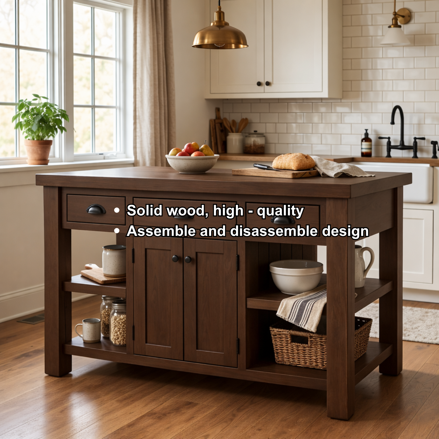 Farmhouse Solid Wood Kitchen Island with Drawers, Cabinet and Shelves – Prep Table