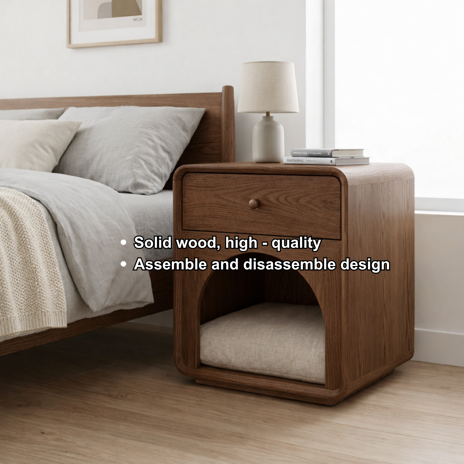 Solid Wood Nightstand with Cat Bed Nook – Modern Bedside Table with Drawer