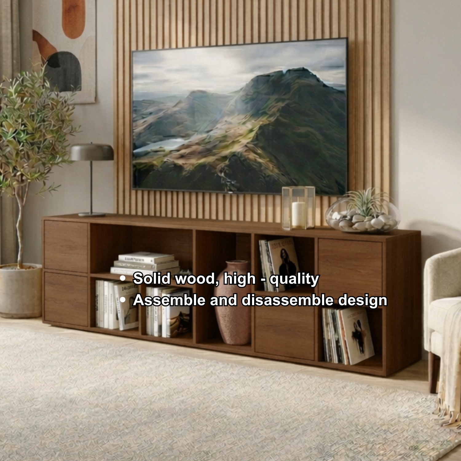 Solid Wood TV Stand with Open Shelves and Drawers – Modern Minimalist Media Console