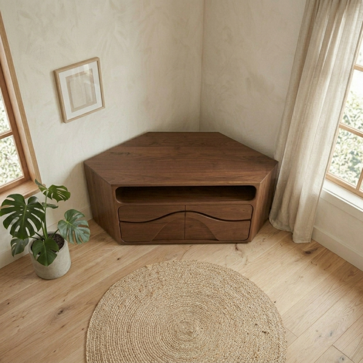 Solid Wood Corner TV Stand with Curved Cabinet Doors and Open Shelf Media Storage