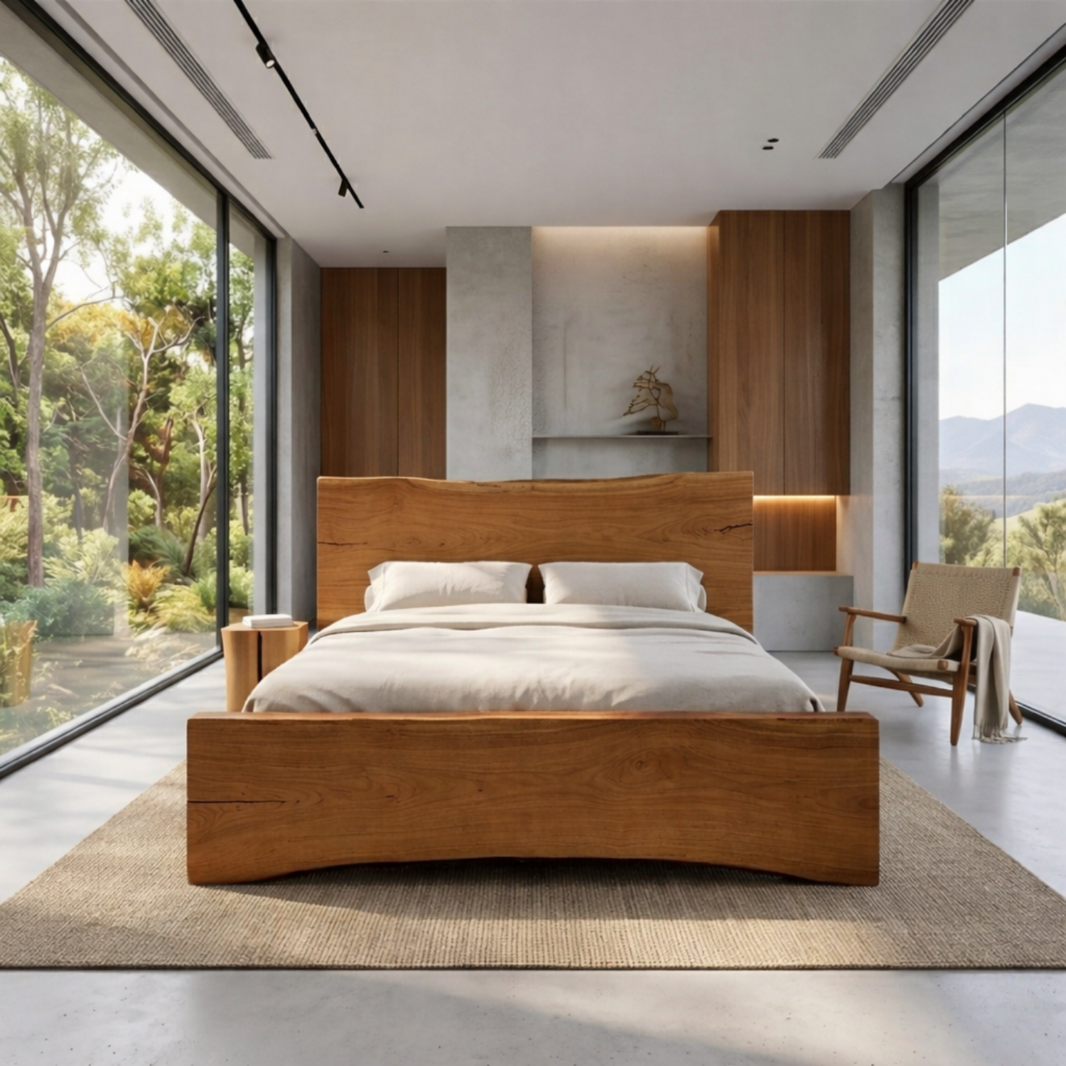 Curved Solid Wood Platform Bed Frame with Sculpted Footboard Design