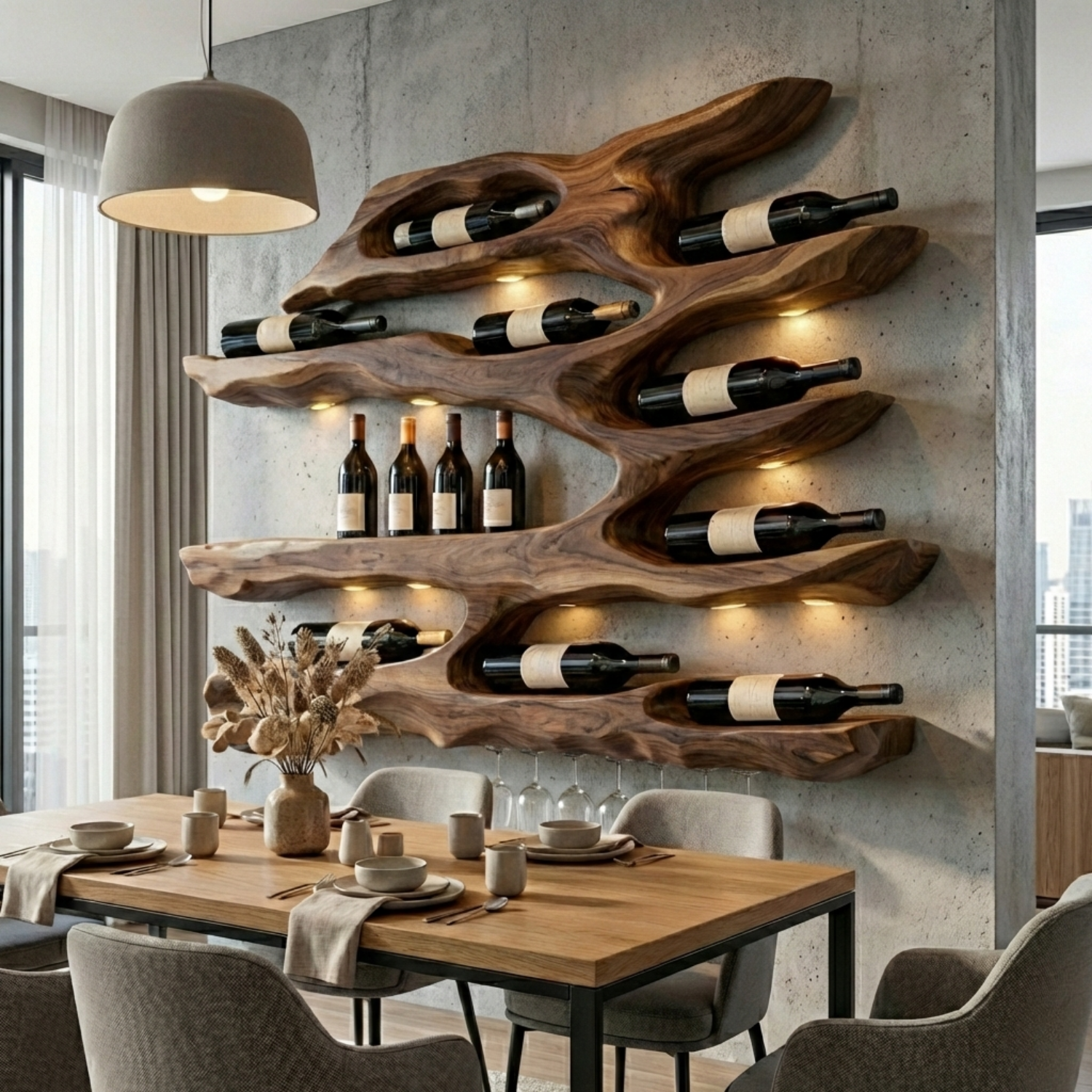 Handcrafted Solid Wood Wall Wine Holder – Live Edge Sculptural Wine Rack with Glass Holder